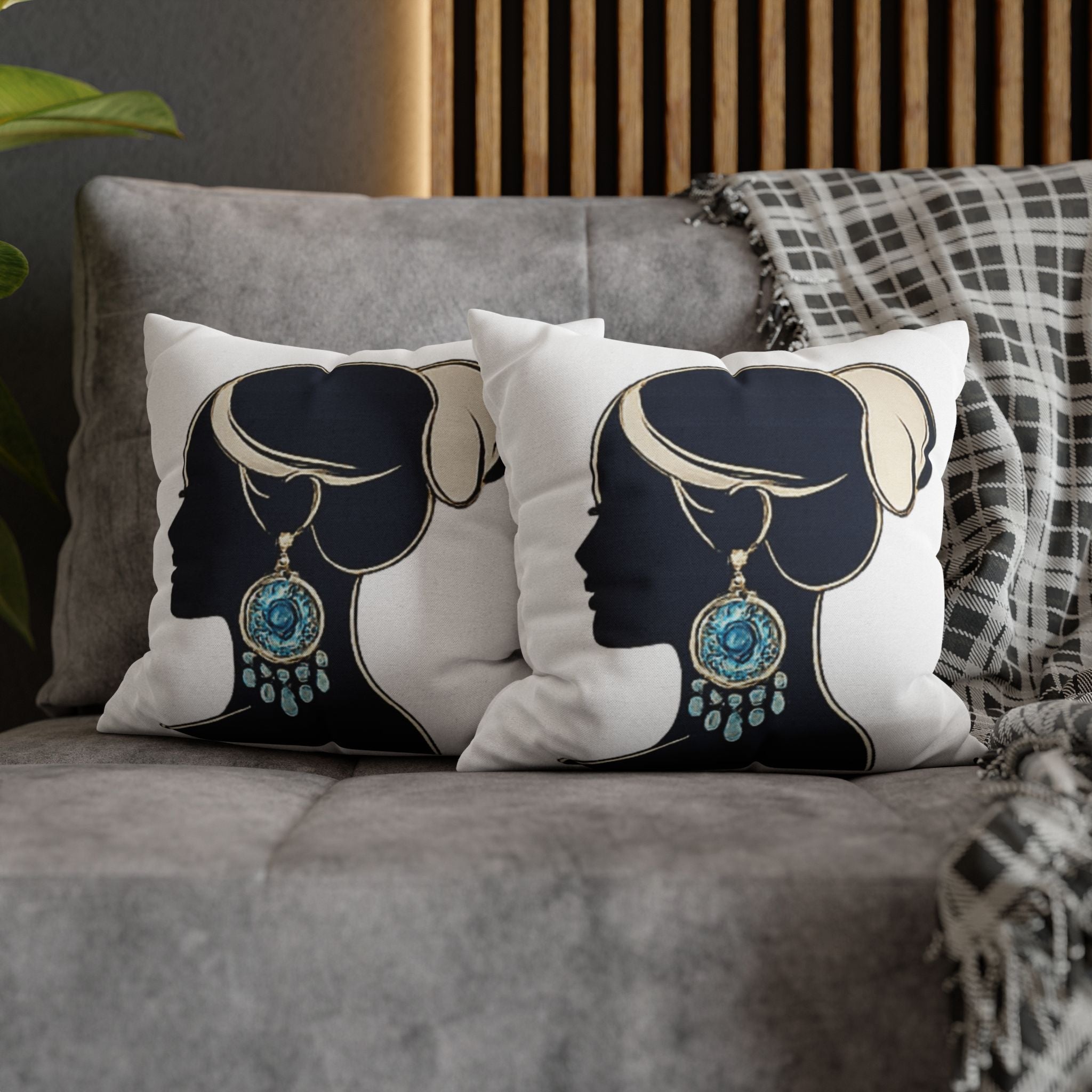 Silhouette Woman Decorative Pillowcase — Blue Statement Earring Accent