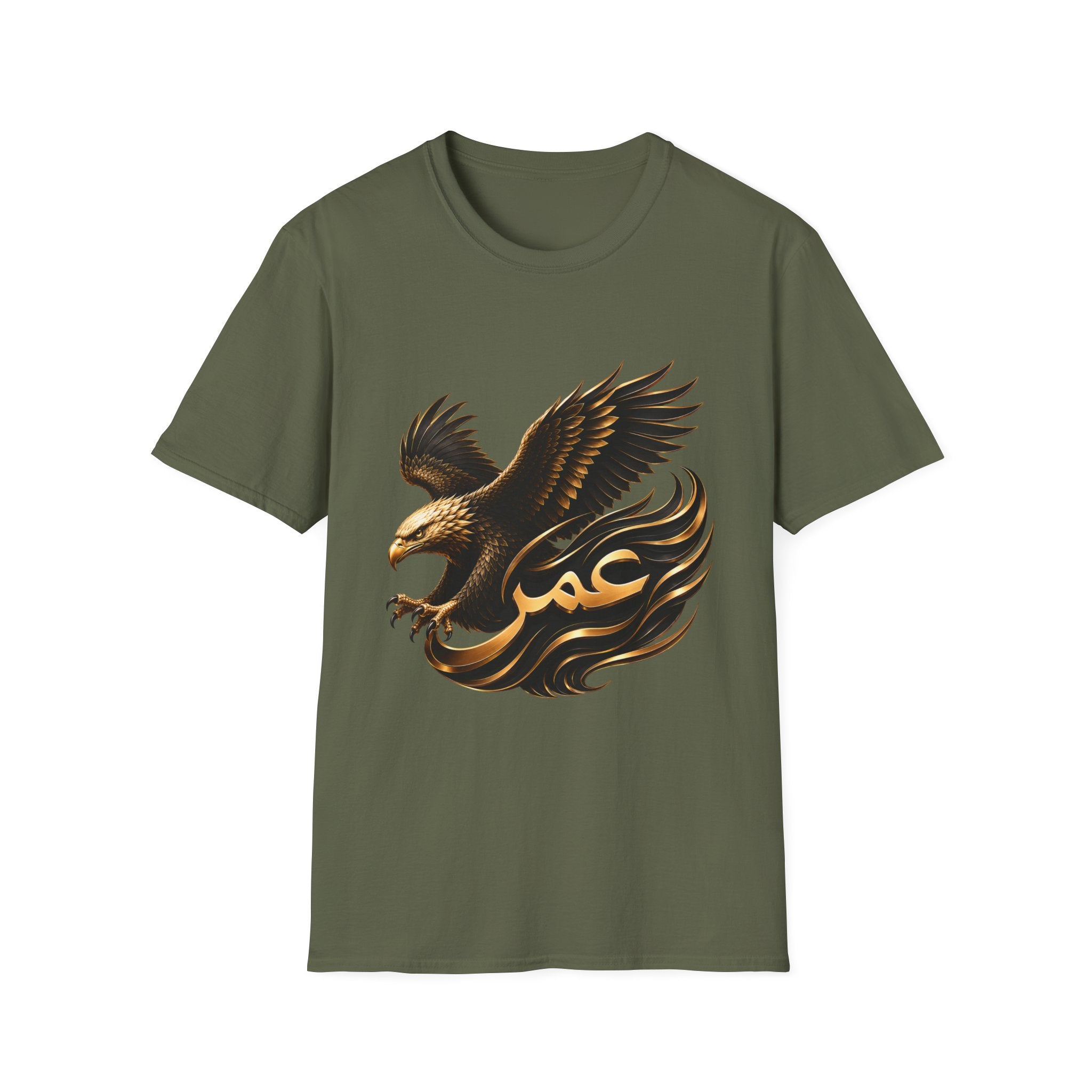 Eagle Arabic Omar Name Tee — Stylized Golden Eagle with 'عمر' Graphic