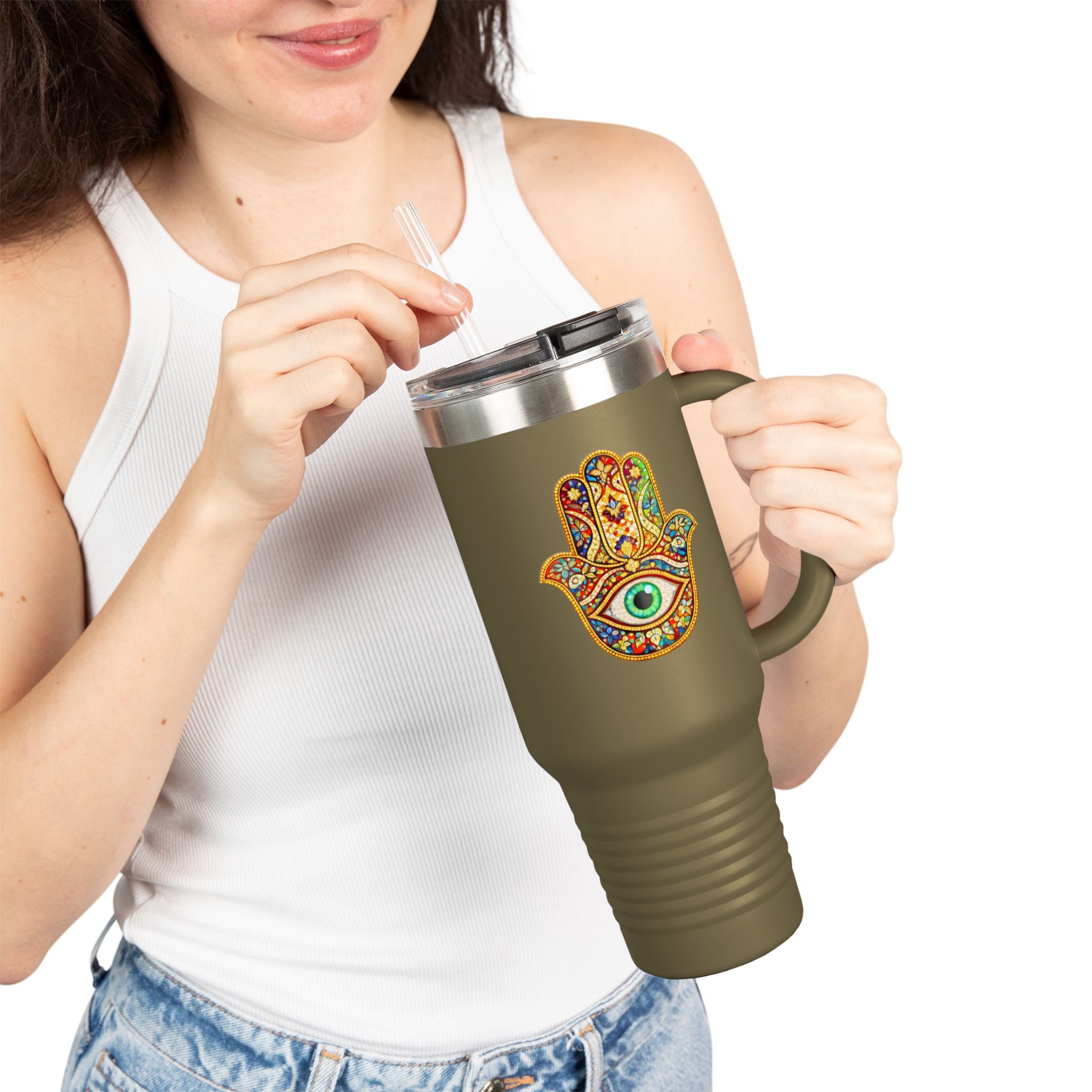 40oz Insulated Travel Mug – Colorful Hamsa Hand with Eye | Spiritual Protection Tumbler