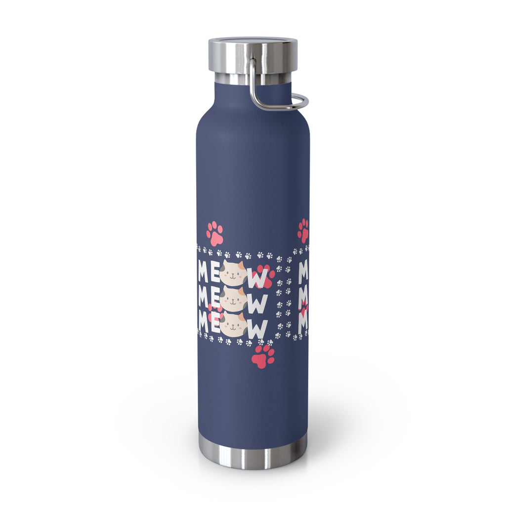 22oz Insulated Bottle — Red 'MEOW' Cute Cat Paw Print Design