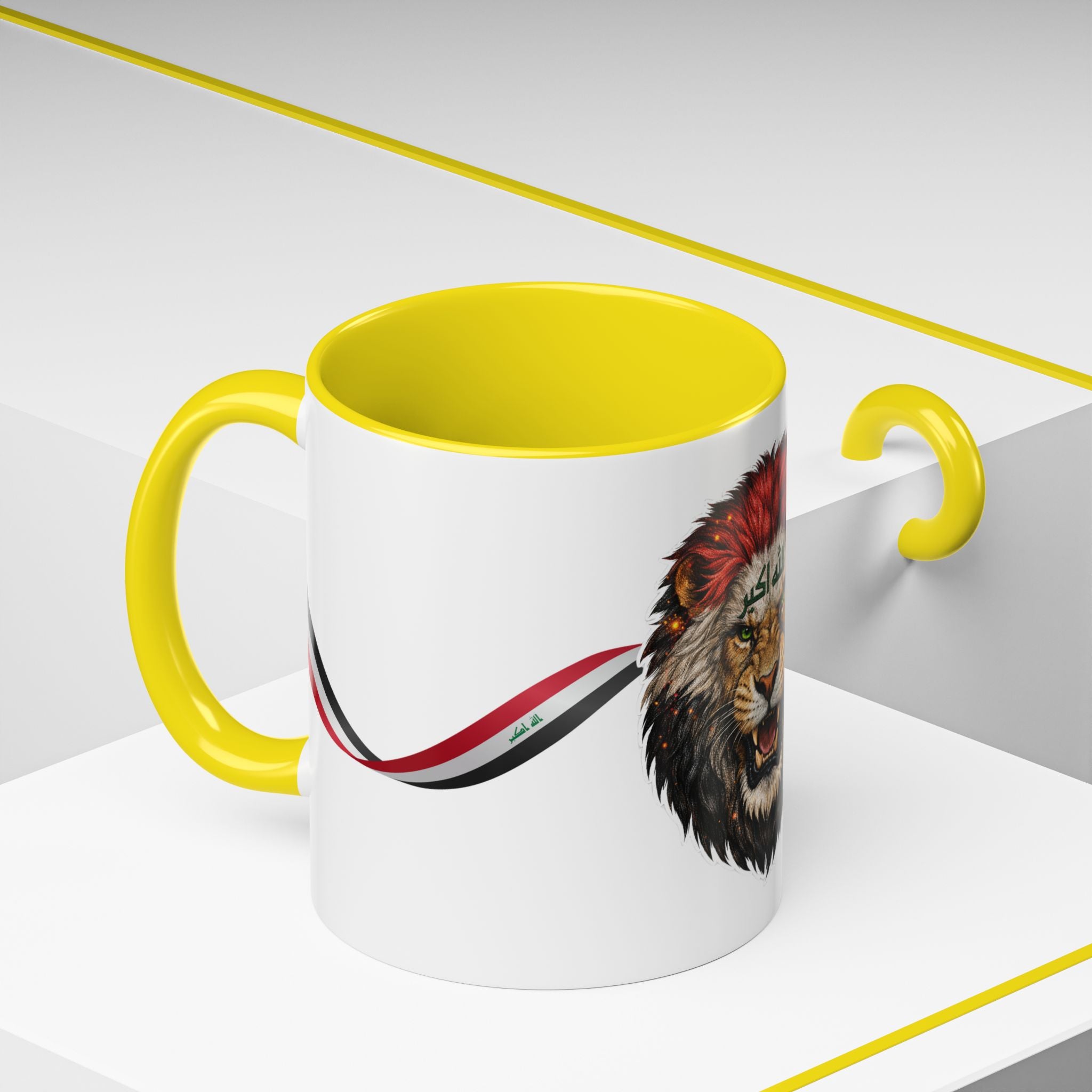Iraq Lion Head Accent Coffee Mug with Arabic Script and Flag Ribbon – Patriotic Iraq Gift (11/15oz)