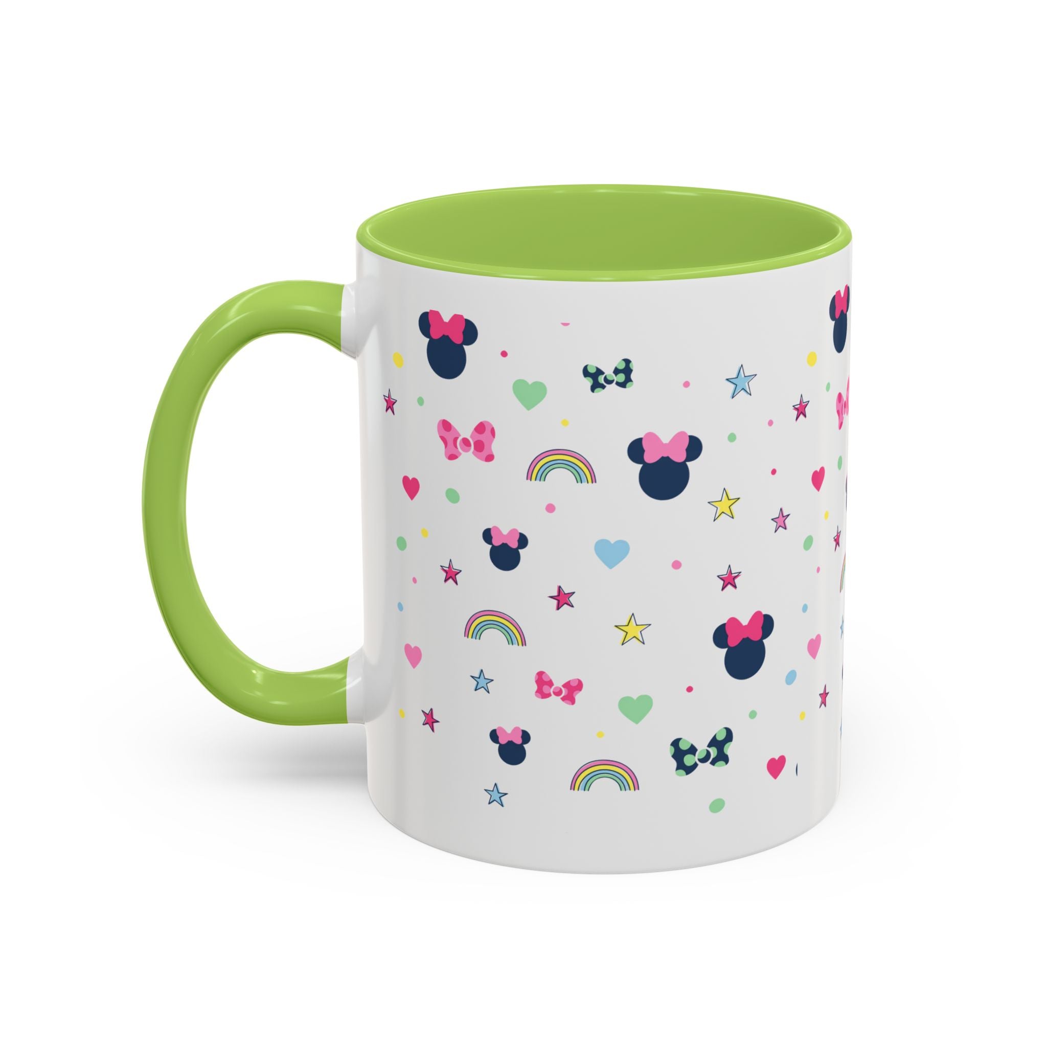 Minnie Dots Accent Coffee Mug — Cute Rainbow & Bow Pattern (11oz)