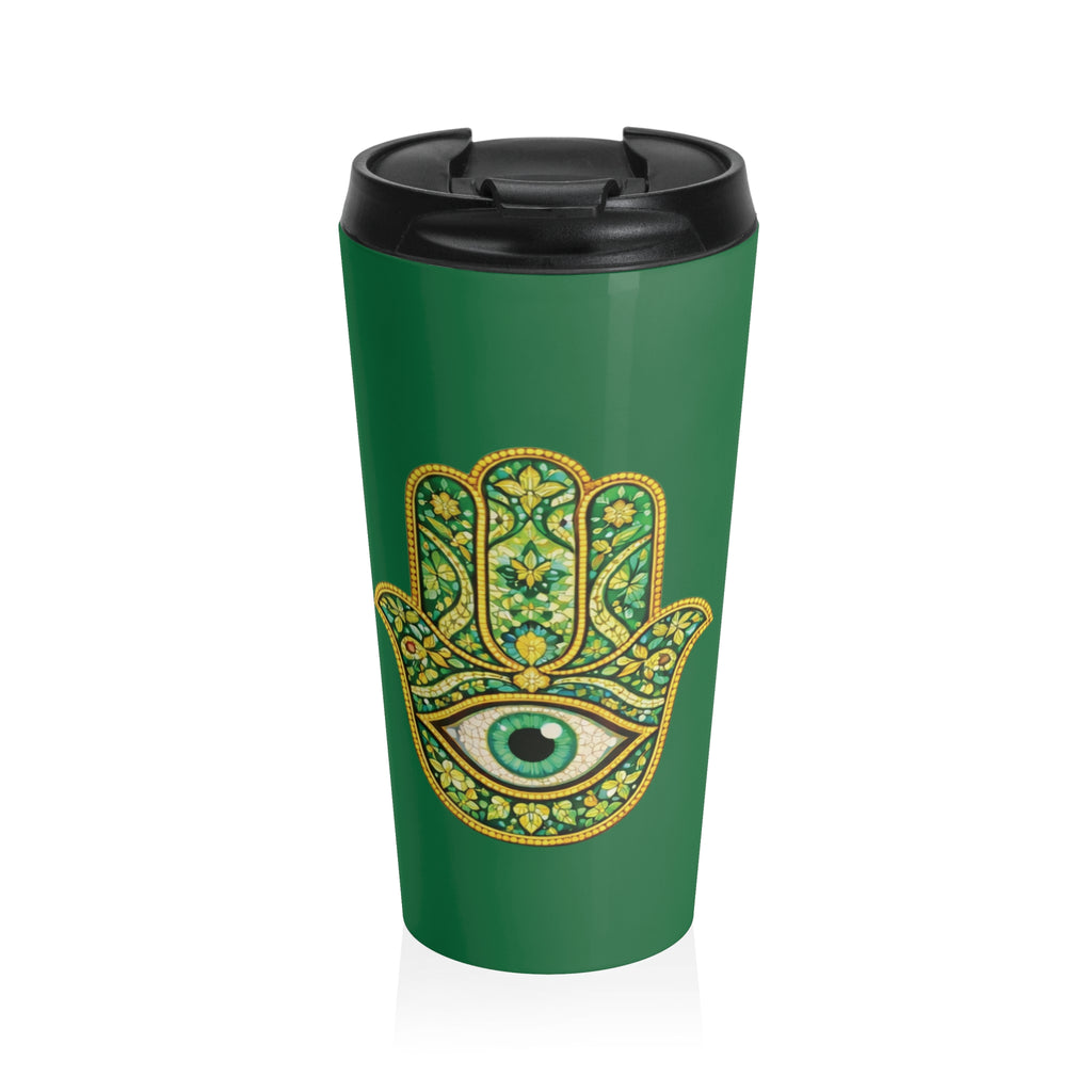 Hamsa Hand Stainless Steel Travel Mug — Green Spiritual Tumbler with Protective Eye