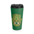 Hamsa Hand Stainless Steel Travel Mug — Green Spiritual Tumbler with Protective Eye