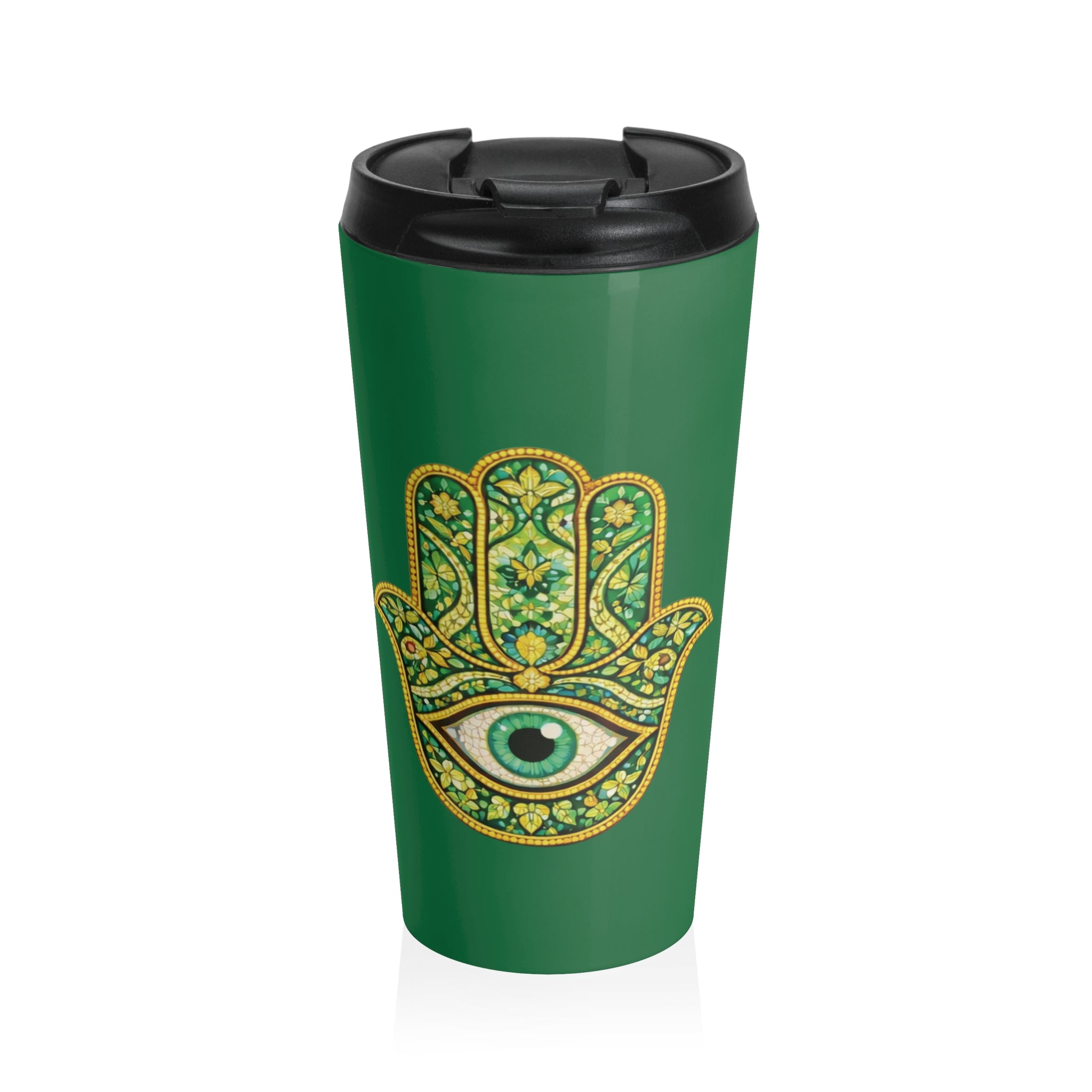 Hamsa Hand Stainless Steel Travel Mug — Green Spiritual Tumbler with Protective Eye