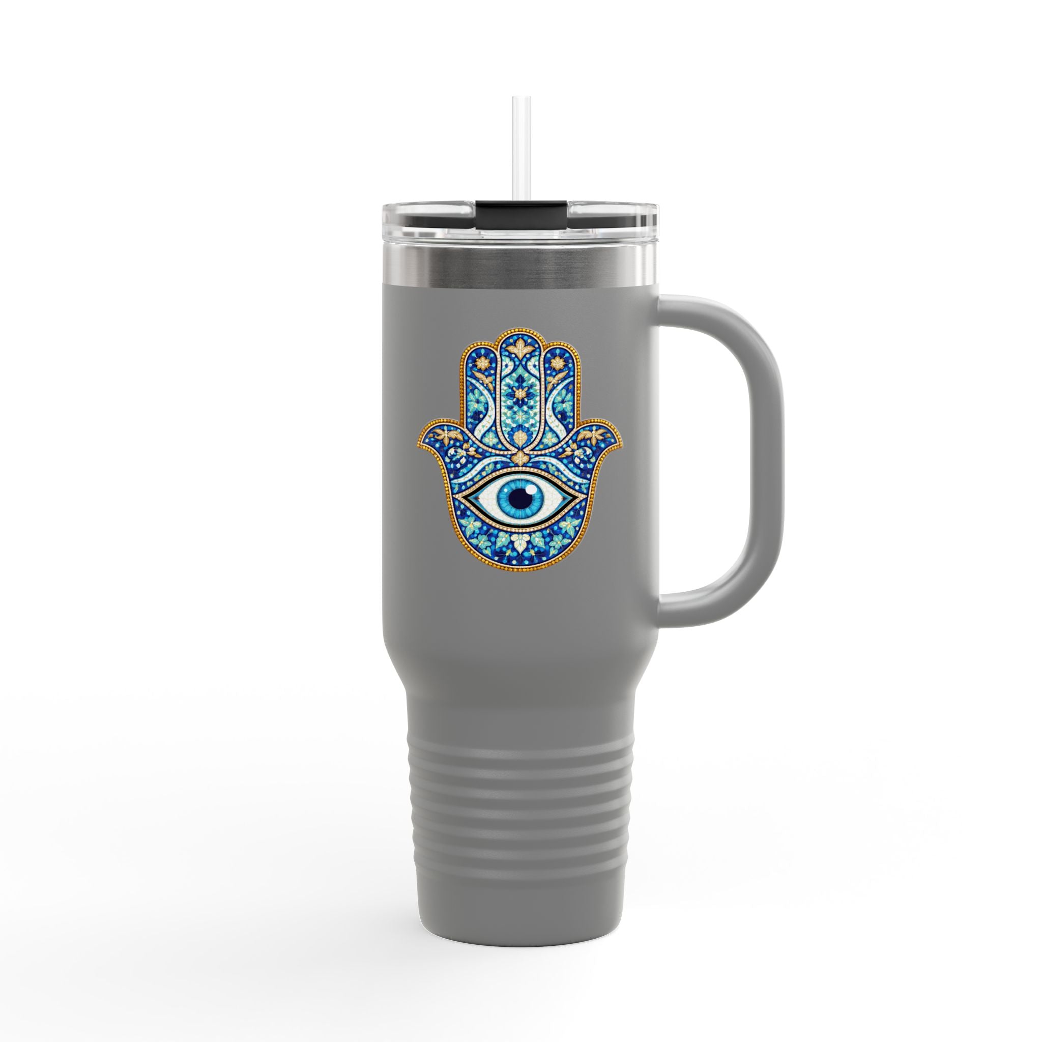 Hamsa Hand 40oz Insulated Travel Mug — Blue Evil Eye Tumbler