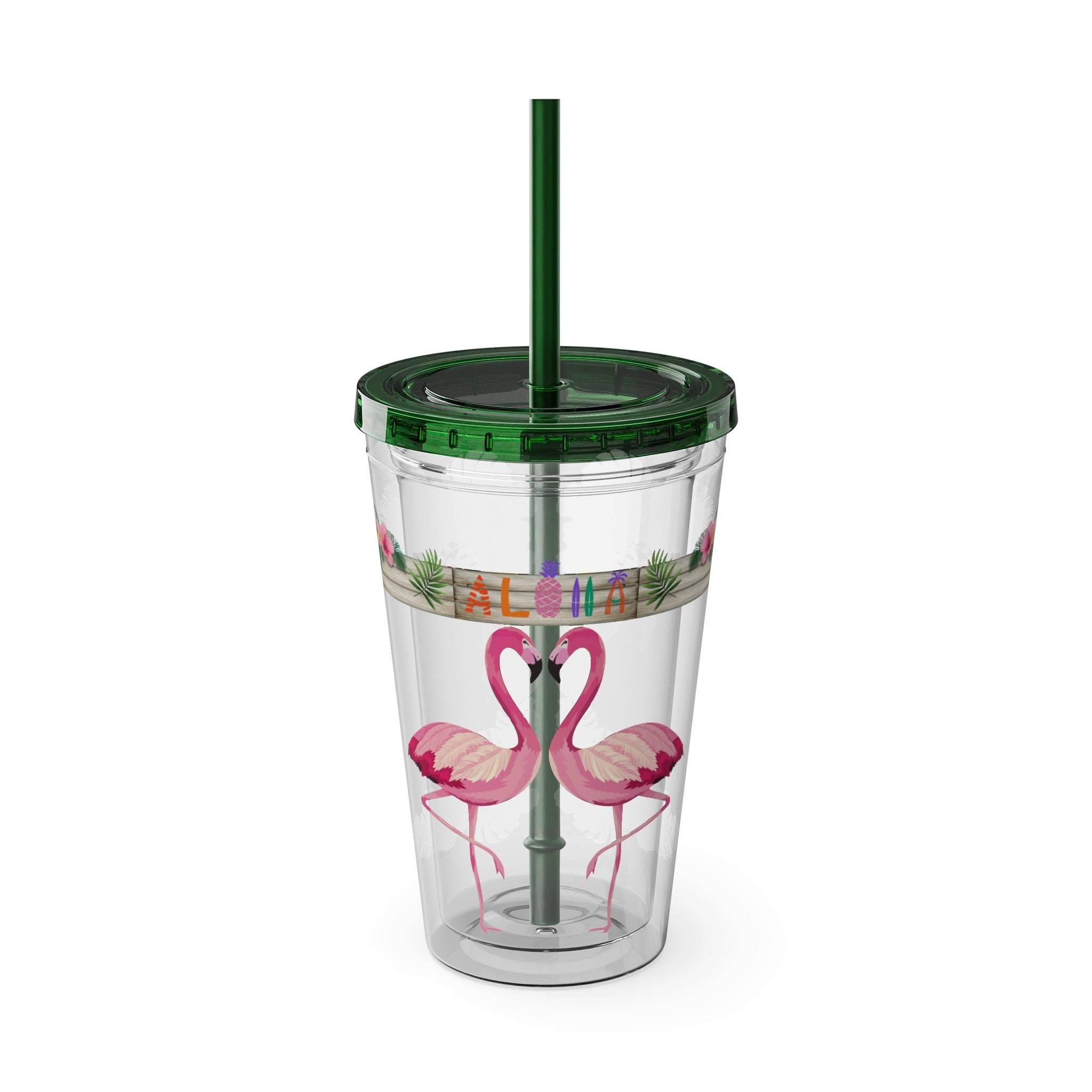 16oz Flamingo Aloha Tumbler with Straw — Tropical Sunsplash Drink Cup