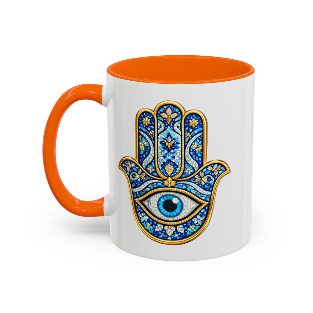 Hamsa Hand Accent Coffee Mug – Blue Protective Evil Eye Ceramic Mug (11/15oz)