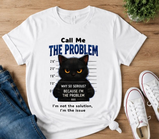 Cat Mugshot  unisex T-Shirt — "Call Me The Problem" Funny Black Cat Graphic Tee