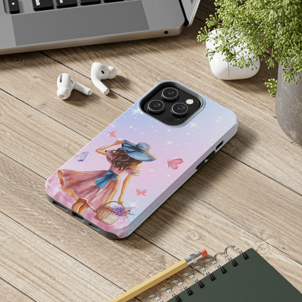 Pastel Girl with Hat Phone Case — Floral Basket Butterfly Tough Phone Case