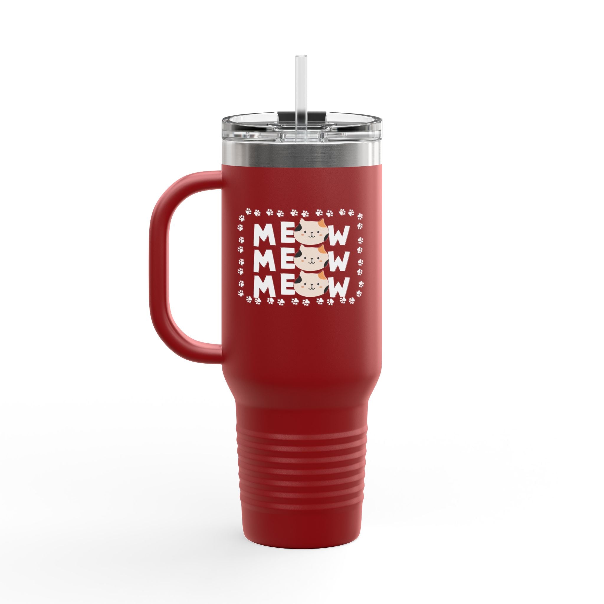 40oz Insulated Travel Mug — Red "MEOW MEOW" Cute Cat Paw Design