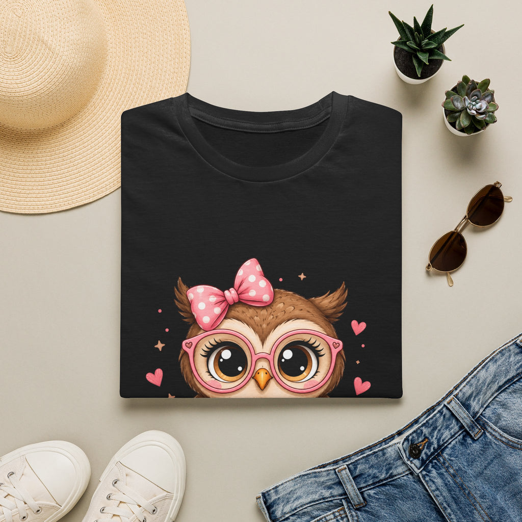 Cute Owl Tee — Whimsical Pink Bow Owl Graphic T-Shirt