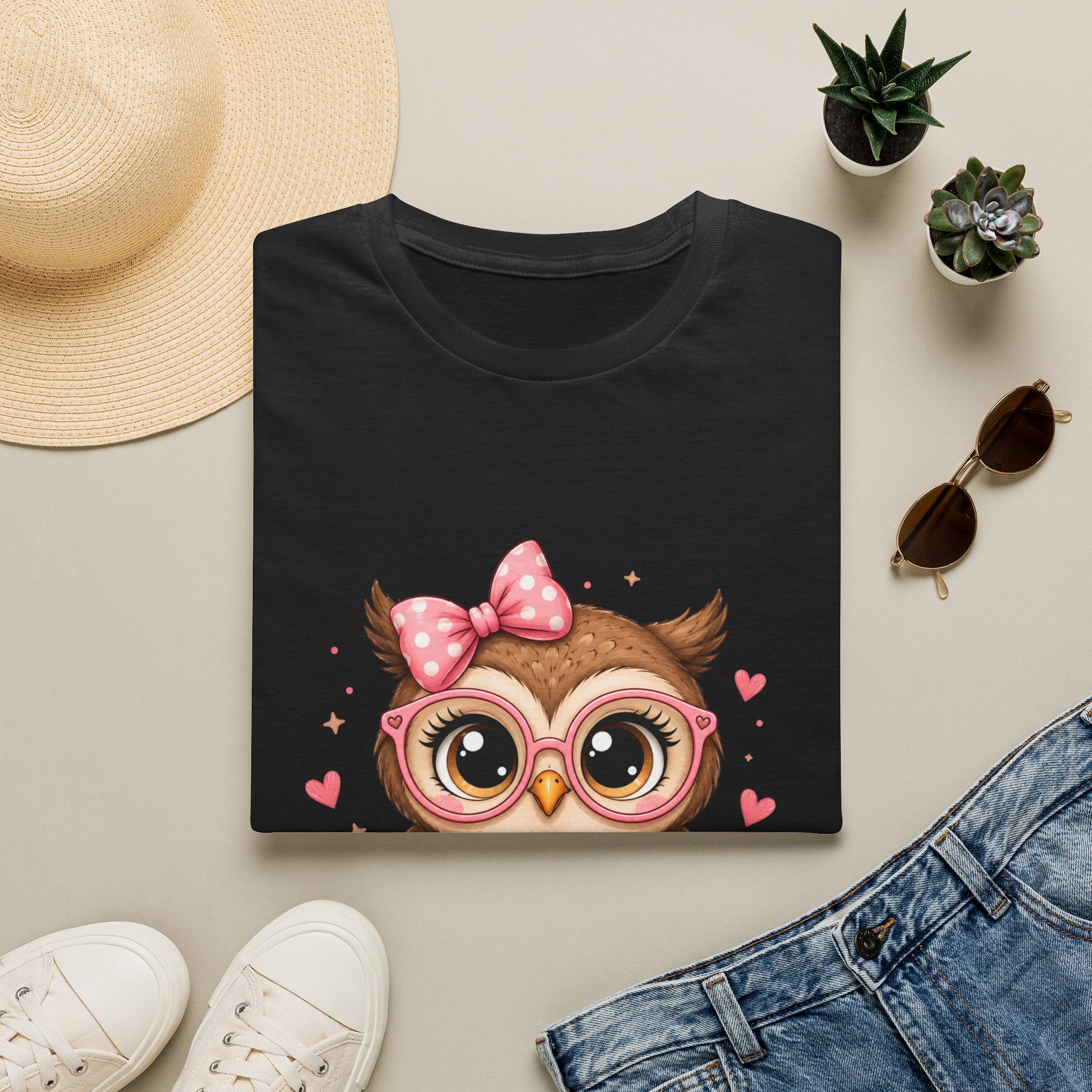 Cute Owl Tee — Whimsical Pink Bow Owl Graphic T-Shirt