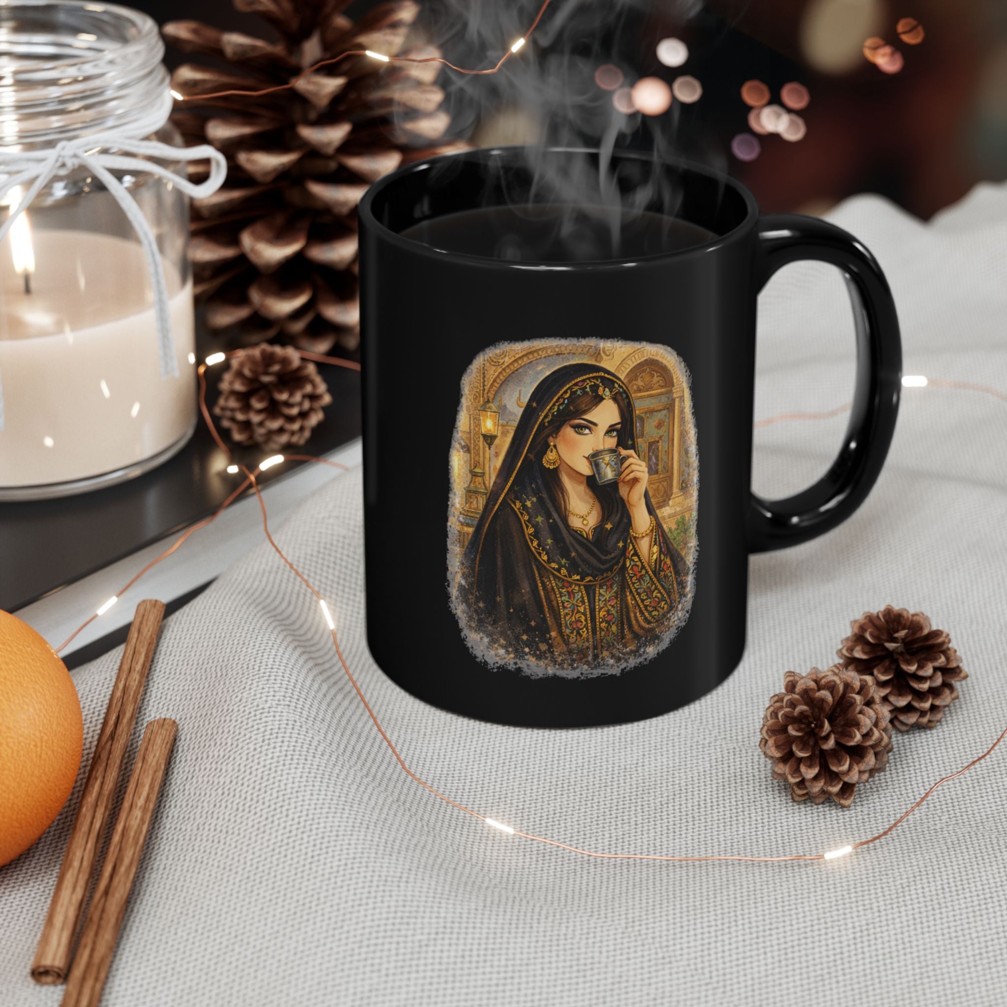 Black Ceramic Mug — Middle Eastern Tea Lady Illustration, Vintage Cultural Art Coffee Cup (11oz/15oz)