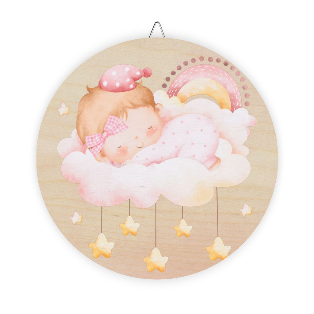 Round Baby Girl Nursery Wood Sign — Sleeping Baby on Cloud with Stars & Rainbow
