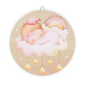 Round Baby Girl Nursery Wood Sign — Sleeping Baby on Cloud with Stars & Rainbow