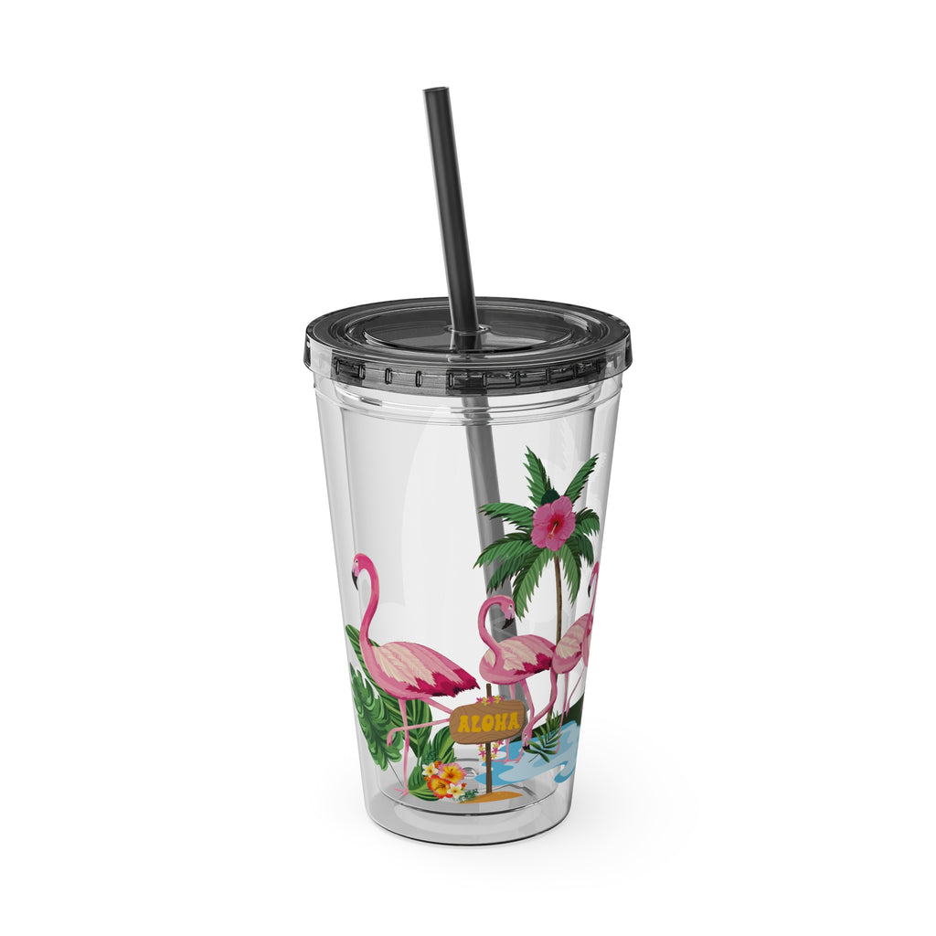Flamingo Palm Tumbler — 16oz Sunsplash Straw Cup