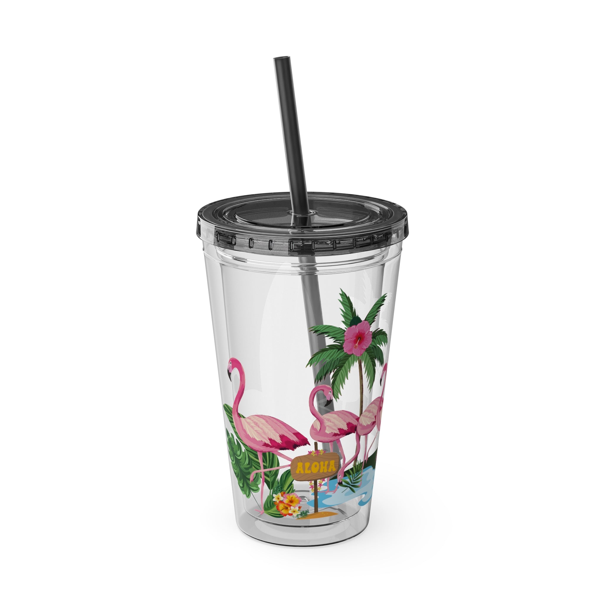 Flamingo Palm Tumbler — 16oz Sunsplash Straw Cup
