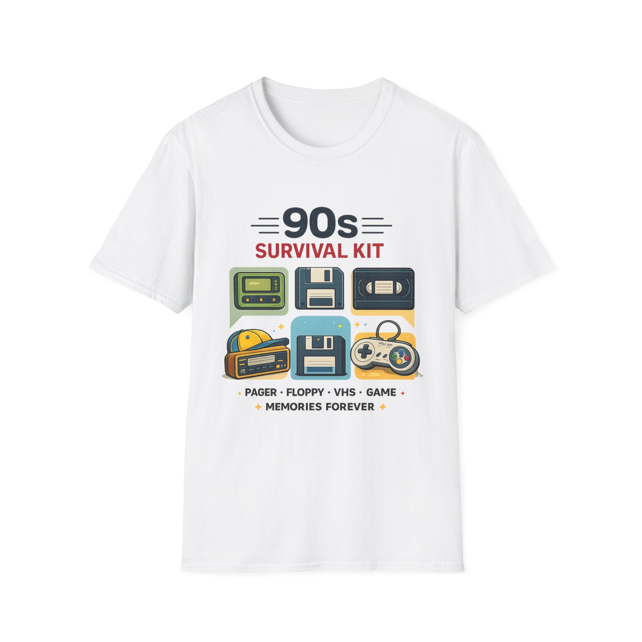 90s Survival Kit T-Shirt — Retro Cassette, Floppy & VHS Nostalgia Tee