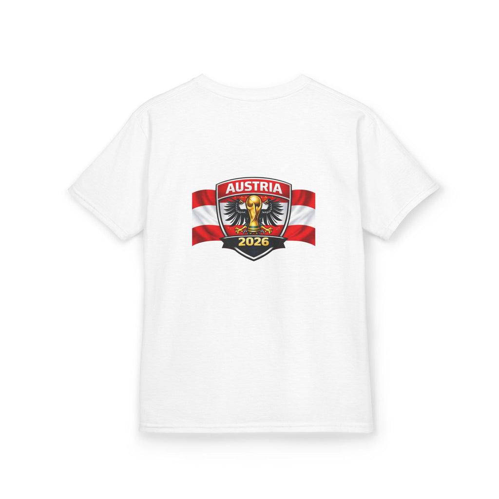 Austria Kids T-Shirt — Austria Crest & Flame Map 2026 Youth Tee