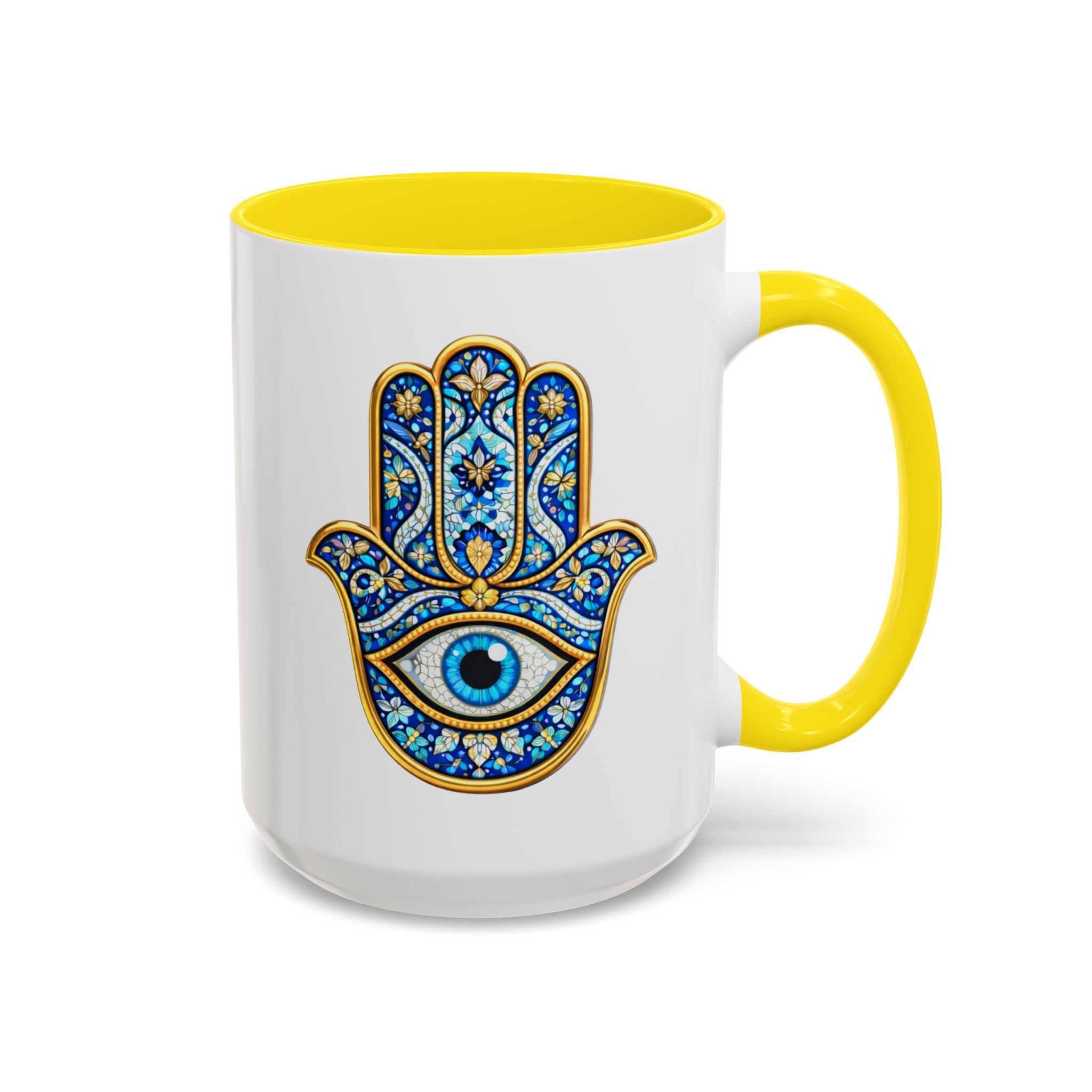 Hamsa Hand Accent Coffee Mug – Blue Protective Evil Eye Ceramic Mug (11/15oz)