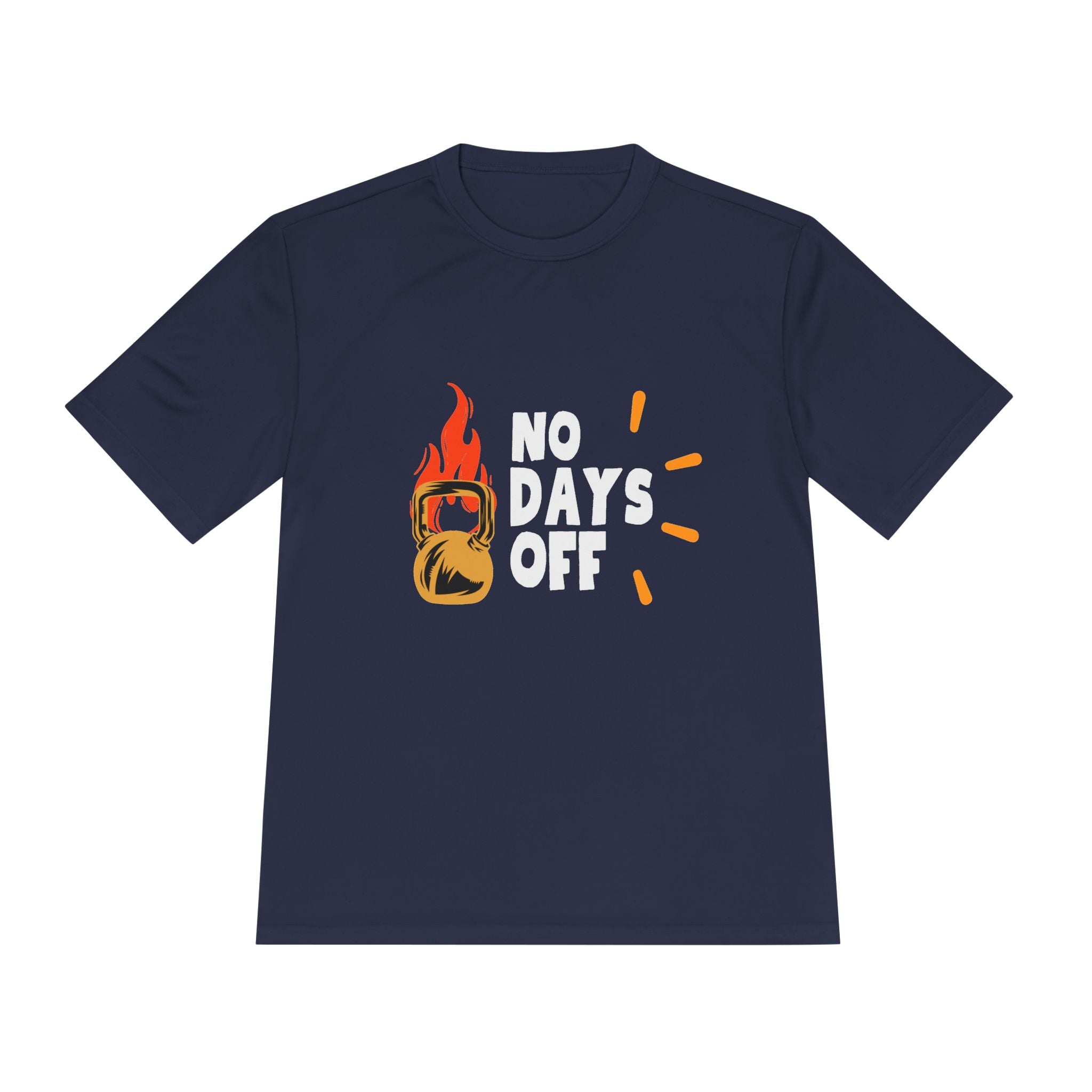No Days Off Flame Kettlebell Tee — Motivational Gym Workout Shirt