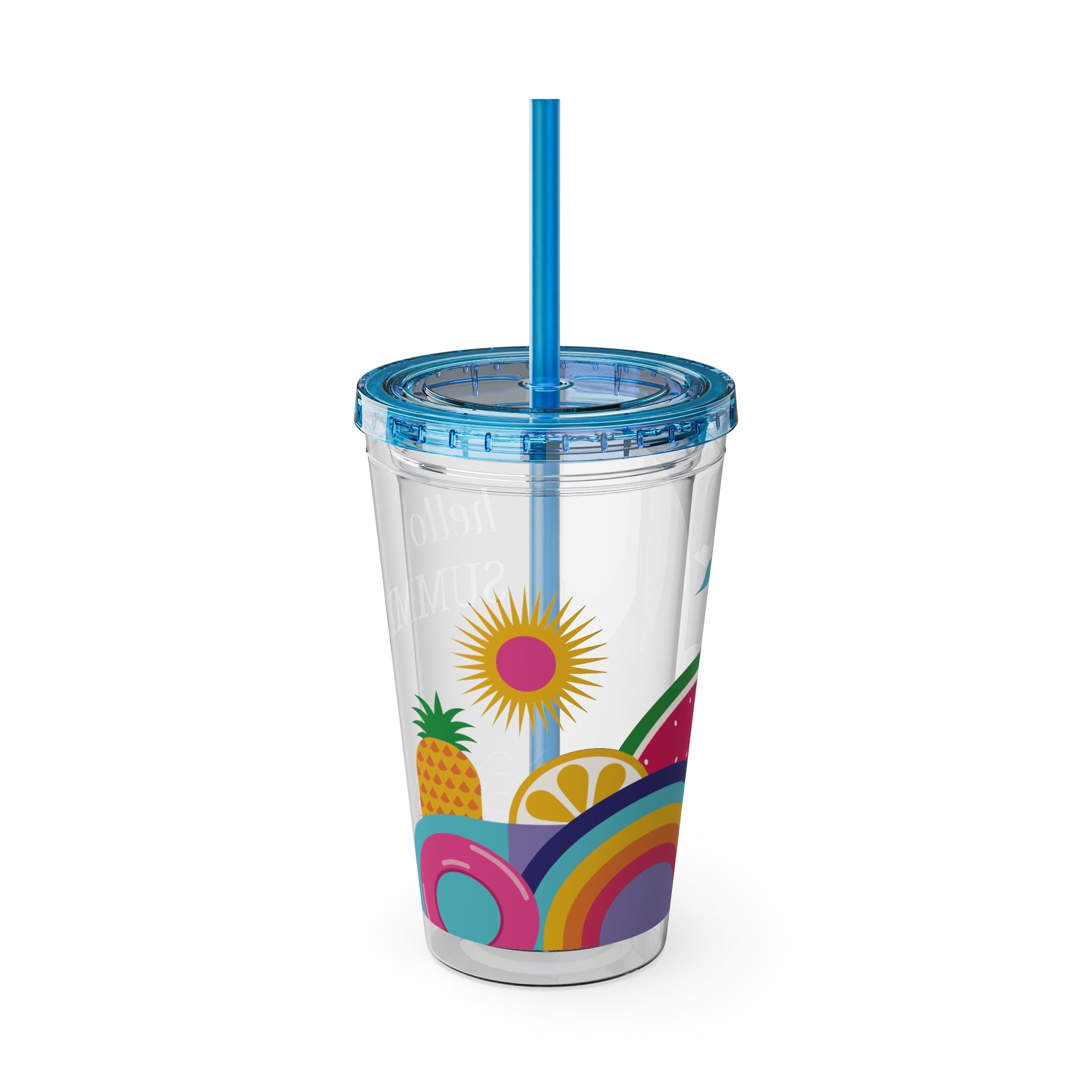 16oz Sunsplash Tumbler with Straw — "Hello Summer" Colorful Beach Vibes