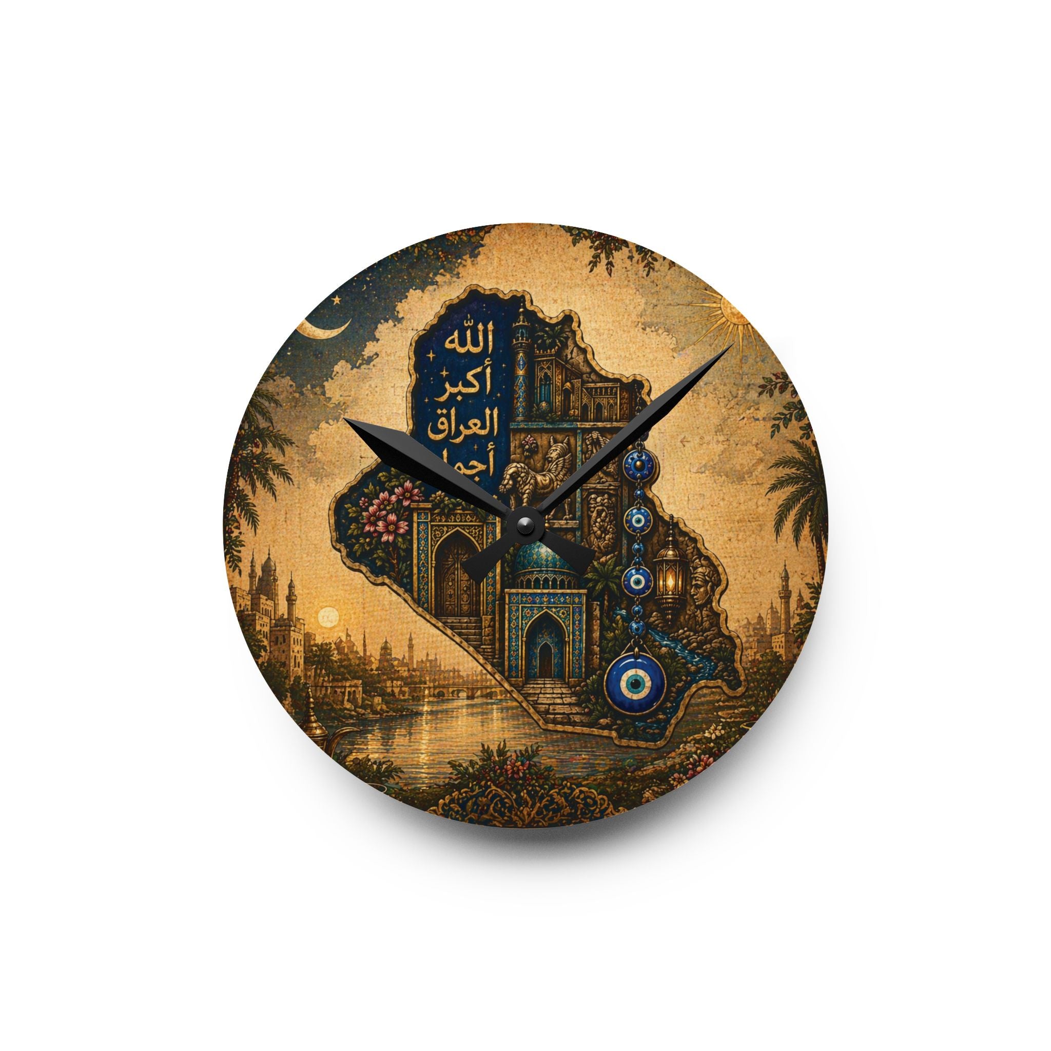 Iraq Mosaic Acrylic Wall Clock — Islamic Calligraphy & Mosque Art