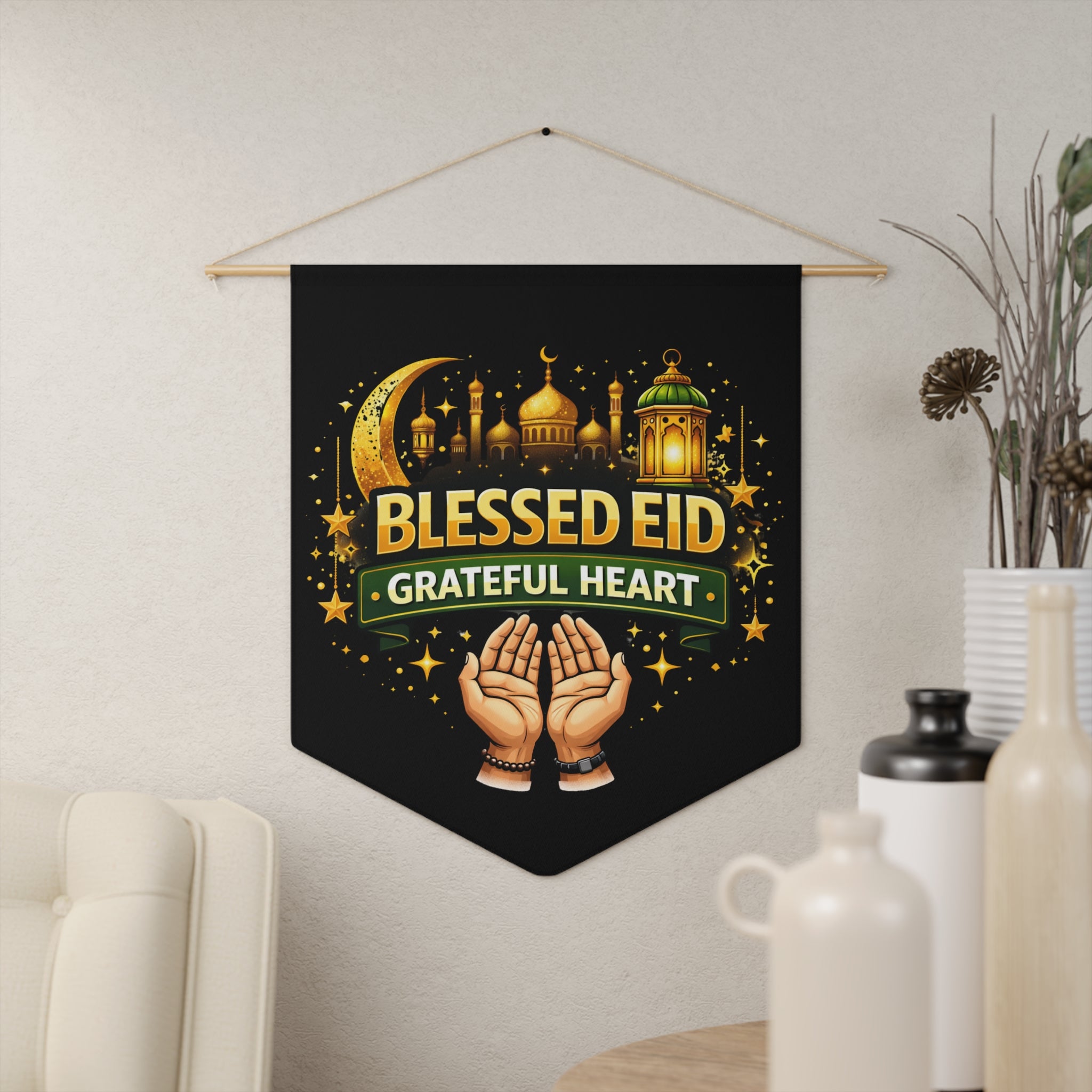 Eid Pennant Flag — "Blessed Eid Grateful Heart" Decorative Islamic Wall Banner