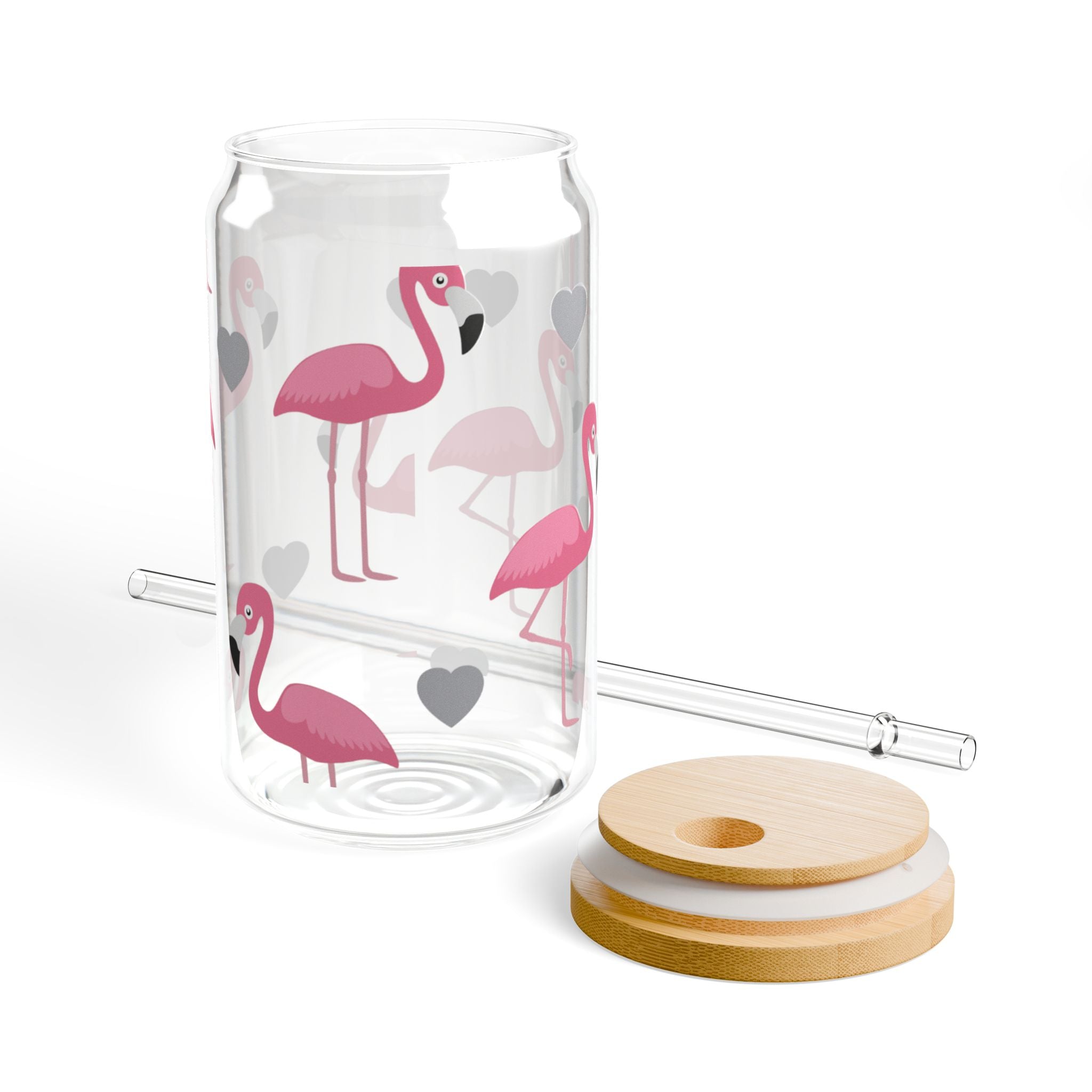 Flamingo Hearts Sipper Glass — 16oz Reusable Straw Tumbler