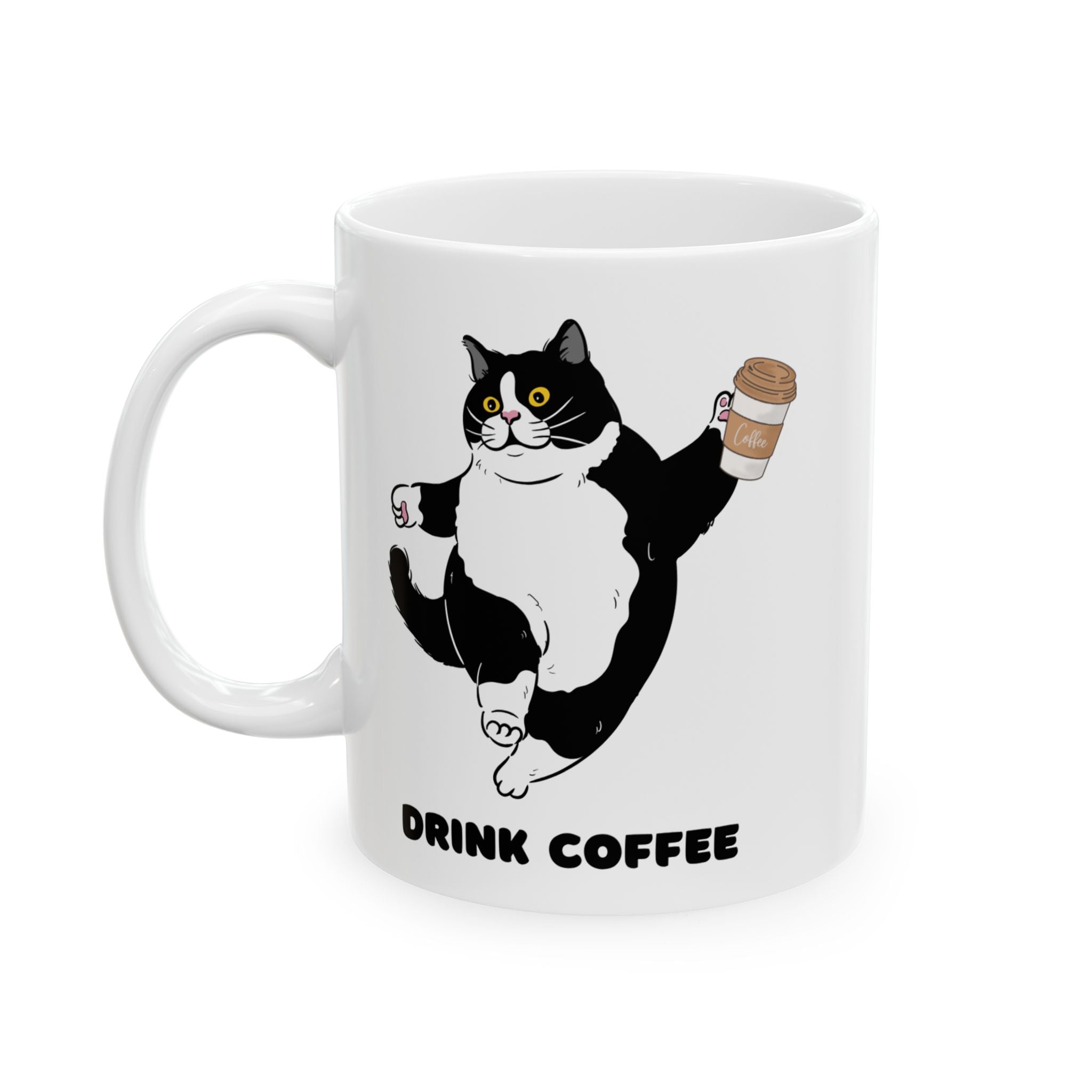 Cat Coffee Mug — "Drink Coffee, Break!" Cute Tuxedo Cat Tea Cup (11oz & 15oz)