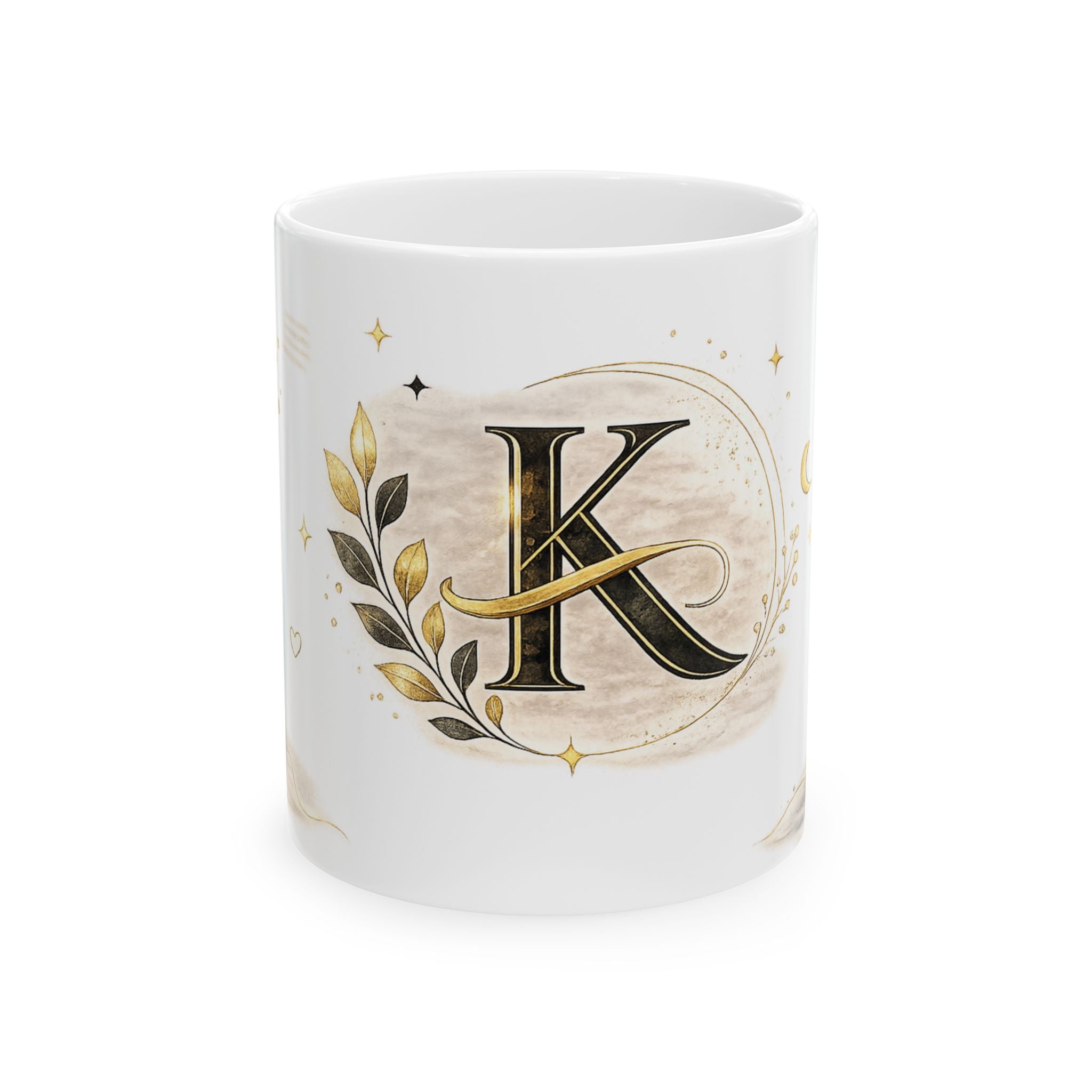 Monogram K Ceramic Mug — Gold Floral Initial Coffee Cup