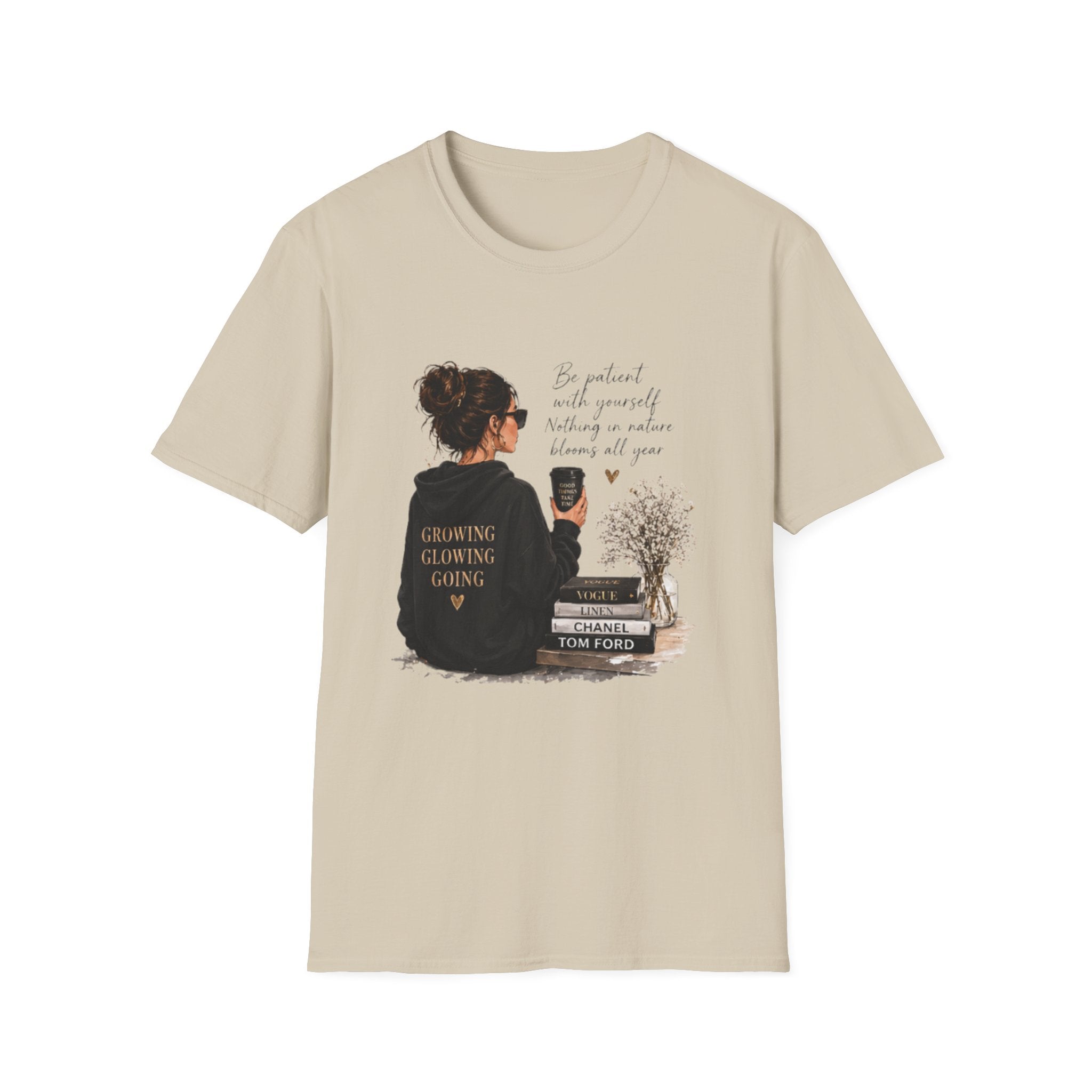 Cozy Reading Girl T-Shirt — "Growing, Glowing, Going" Literary Graphic Tee