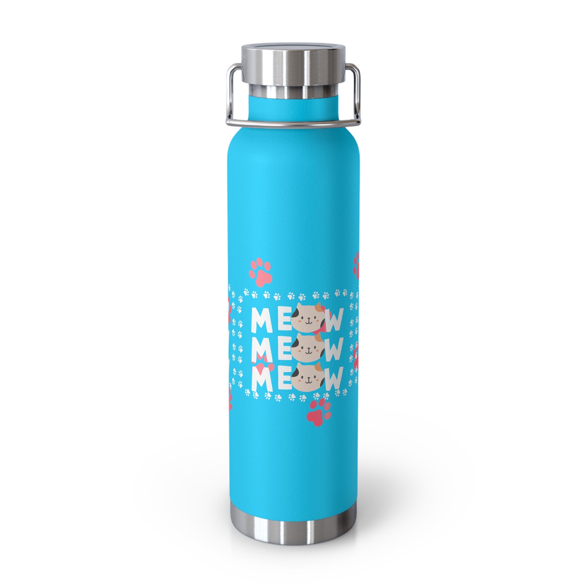 22oz Insulated Bottle — Red 'MEOW' Cute Cat Paw Print Design