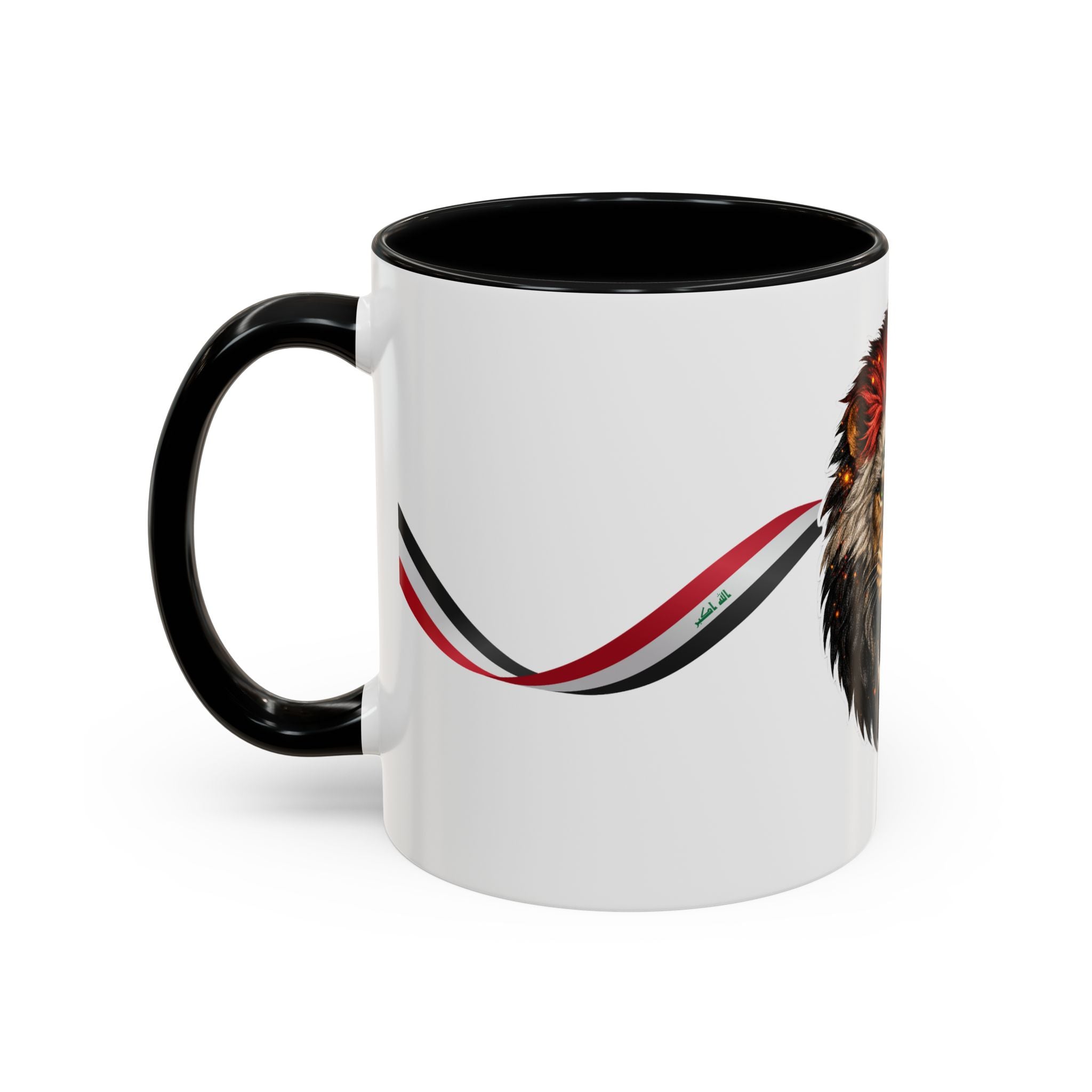 Iraq Lion Head Accent Coffee Mug with Arabic Script and Flag Ribbon – Patriotic Iraq Gift (11/15oz)