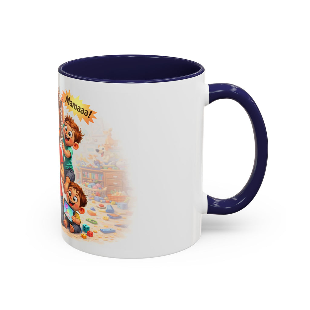 Coffee Mug – Funny Tired Mom Cartoon with Arabic “Mamaaa!” Designاهرب على فين