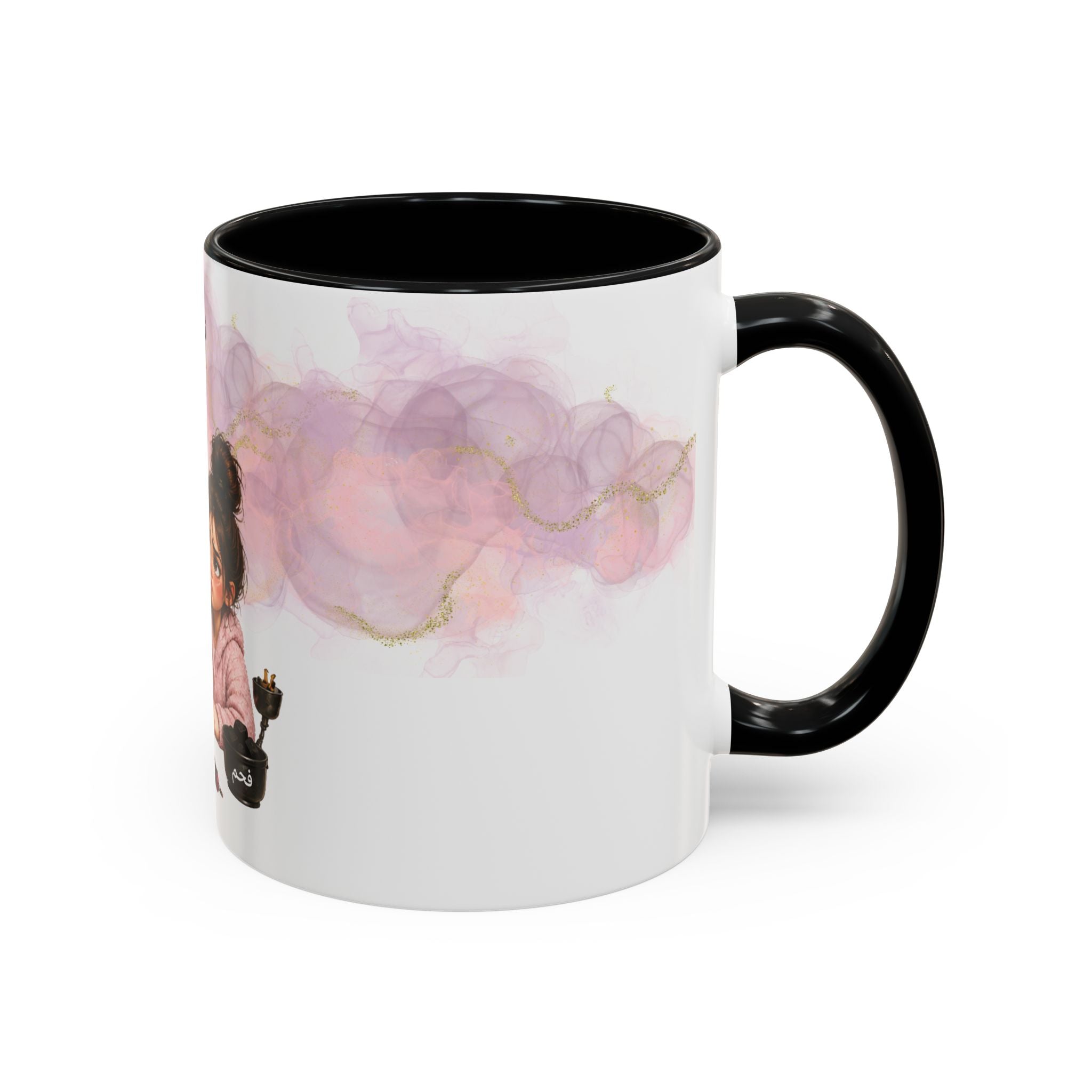Arabic Coffee Mug - Cute Girl Smoking Hookah Illustration with Arabic Text