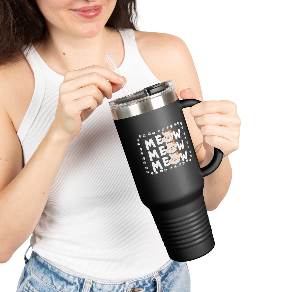 40oz Insulated Travel Mug — Red "MEOW MEOW" Cute Cat Paw Design