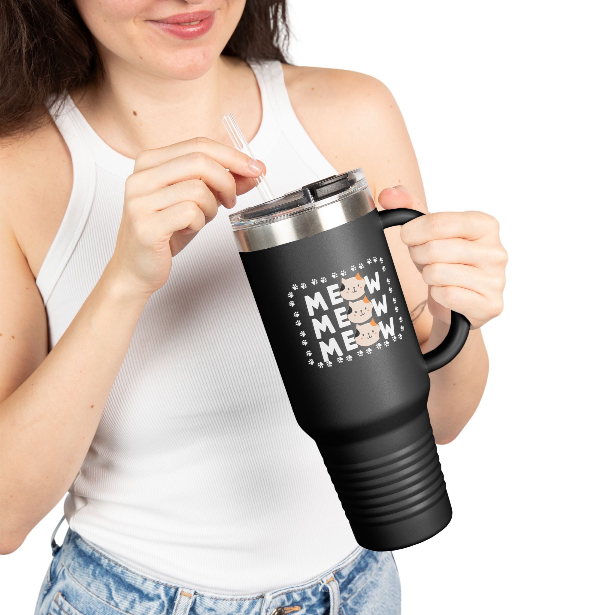 40oz Insulated Travel Mug — Red "MEOW MEOW" Cute Cat Paw Design