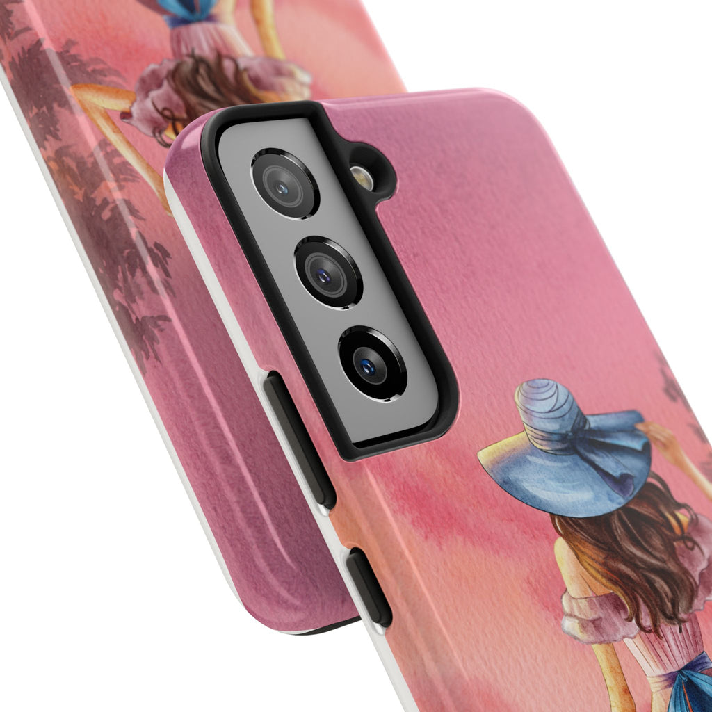 Pastel Picnic Girl Phone Case — Protective Tough Phone Case with Watercolor Sunset Design
