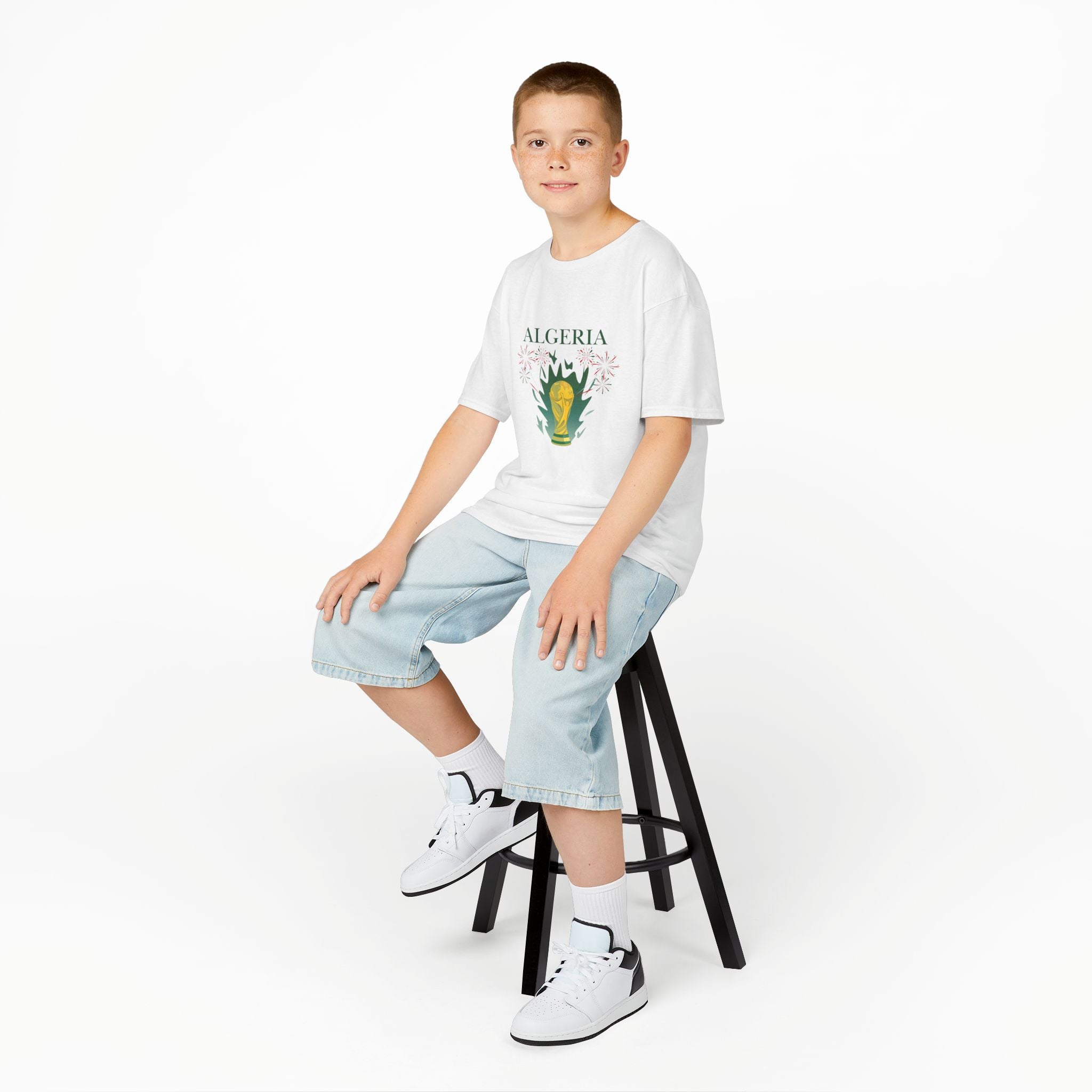 Algeria Kids T‑Shirt – Cup Trophy & Flag Soccer Tee
