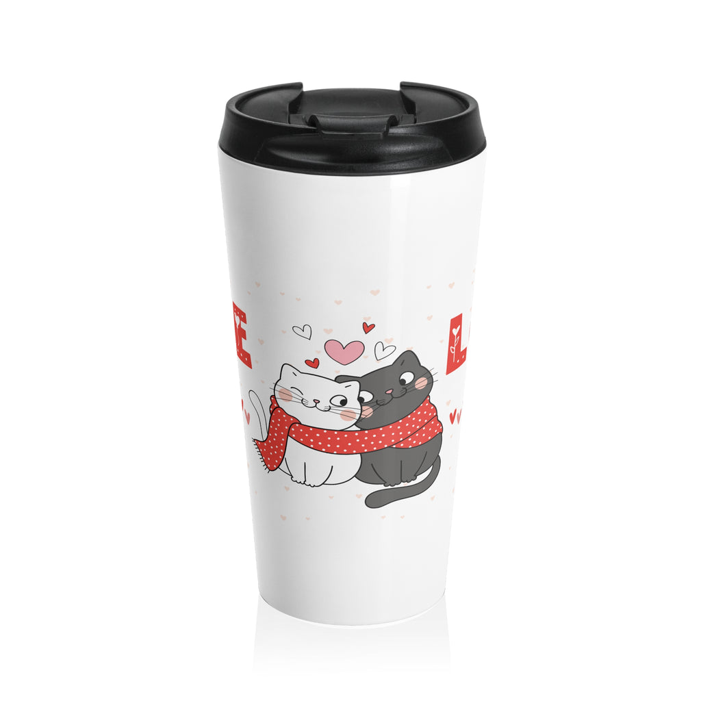 Travel Mug - Cute Cat Couples "Love" Stainless Steel Tumbler (Valentine's Gift)