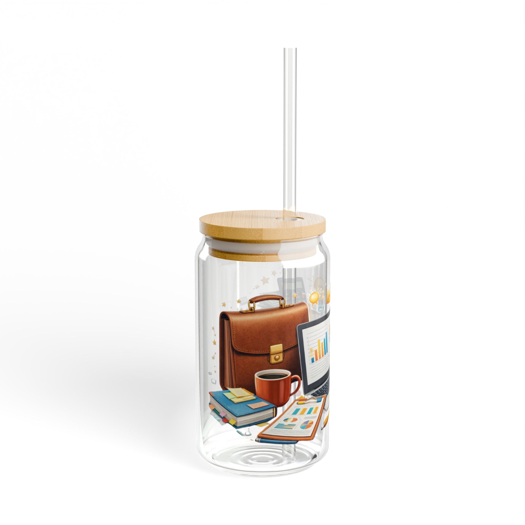 Office Hustle 16oz Sipper Glass — Work Desk Coffee & Productivity Design