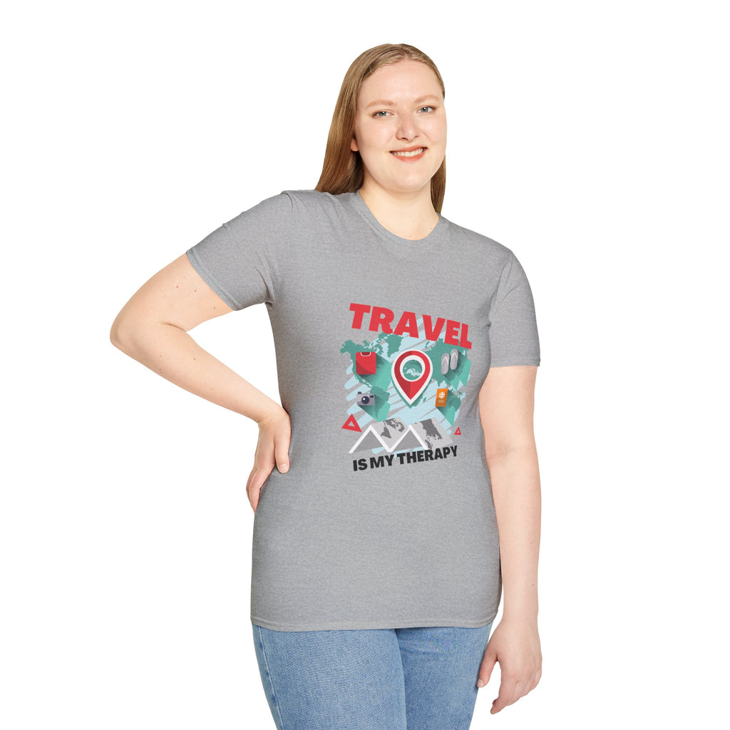Travel Is My Therapy T-Shirt — Wanderlust Map Tee for Travelers & Adventure Lovers