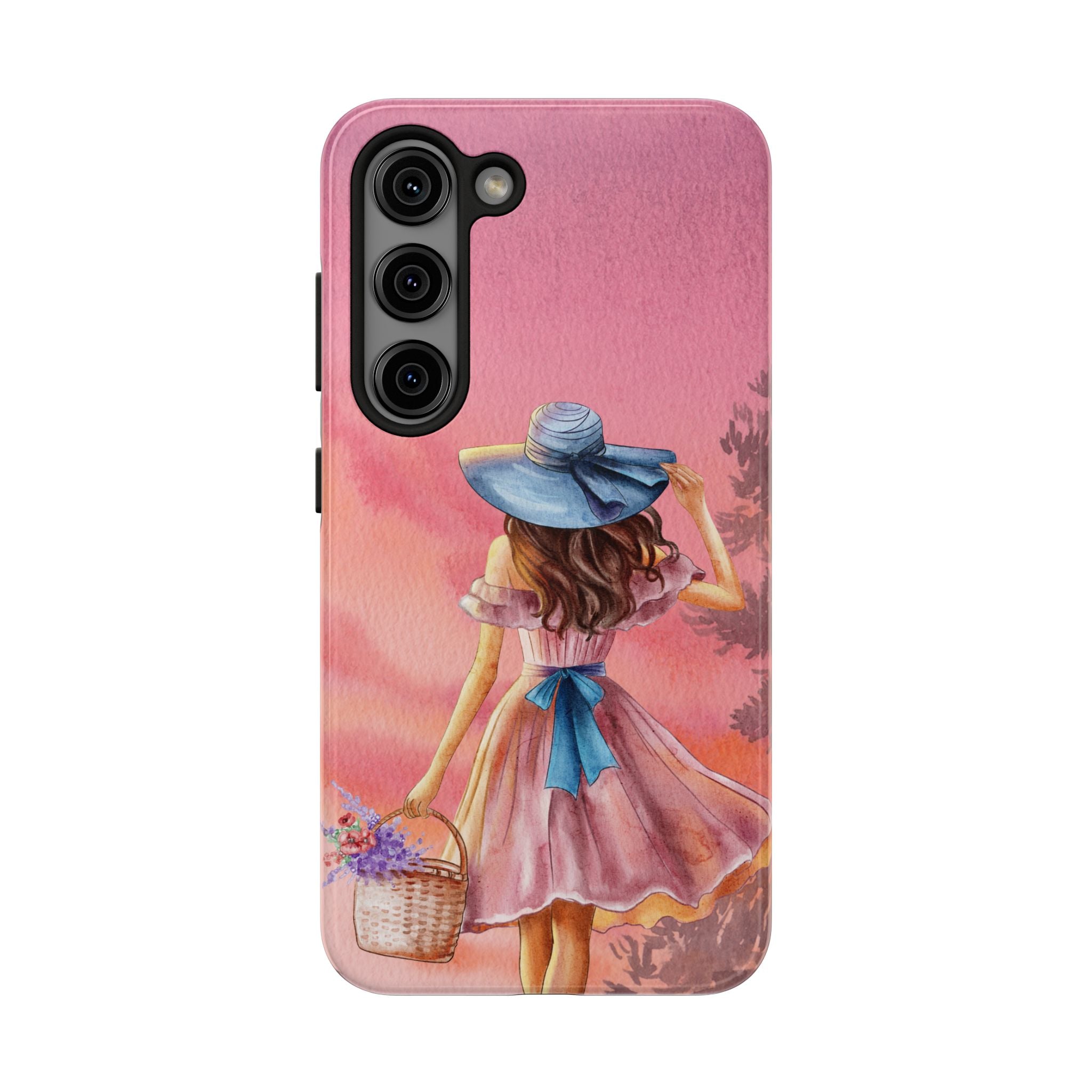 Pastel Picnic Girl Phone Case — Protective Tough Phone Case with Watercolor Sunset Design