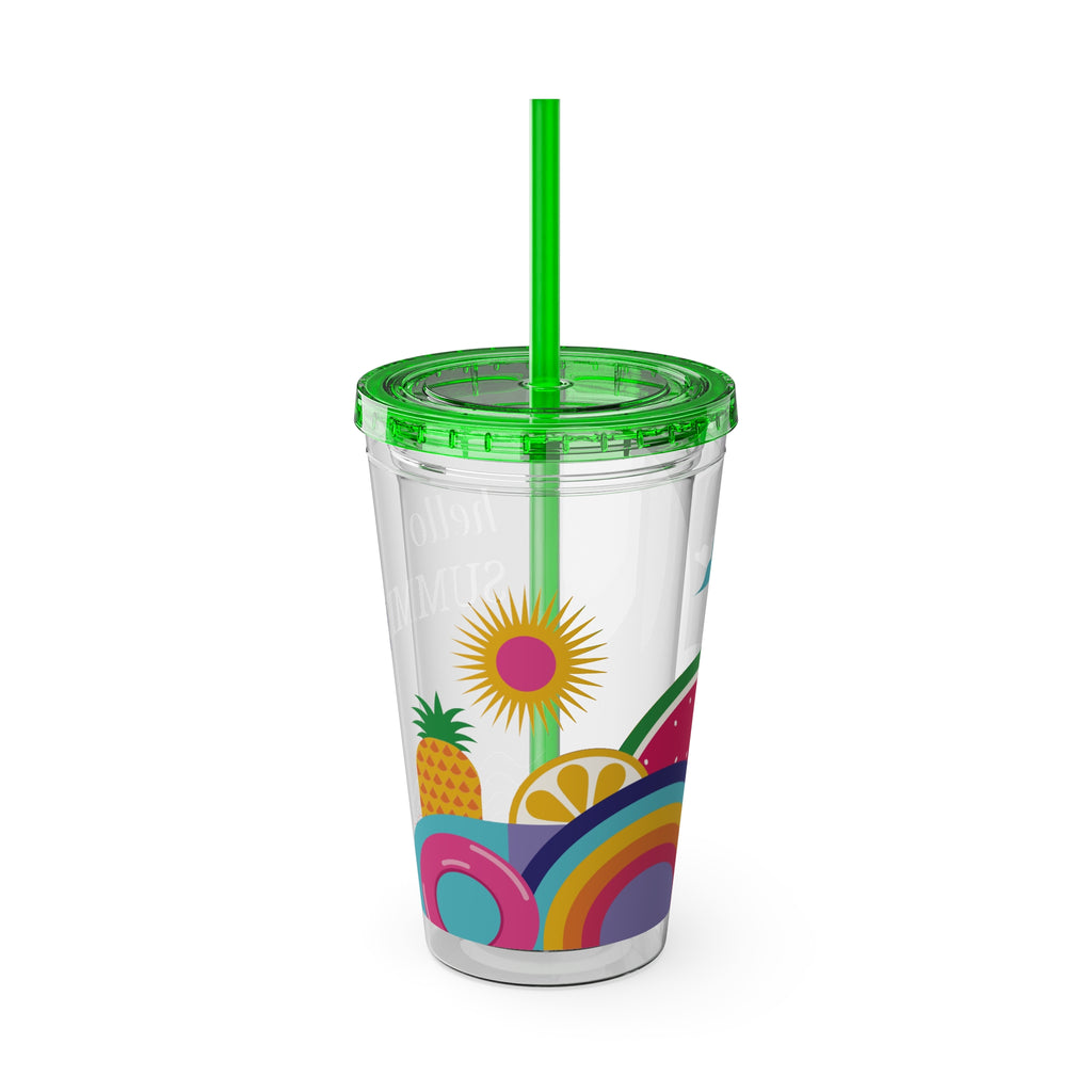 16oz Sunsplash Tumbler with Straw — "Hello Summer" Colorful Beach Vibes