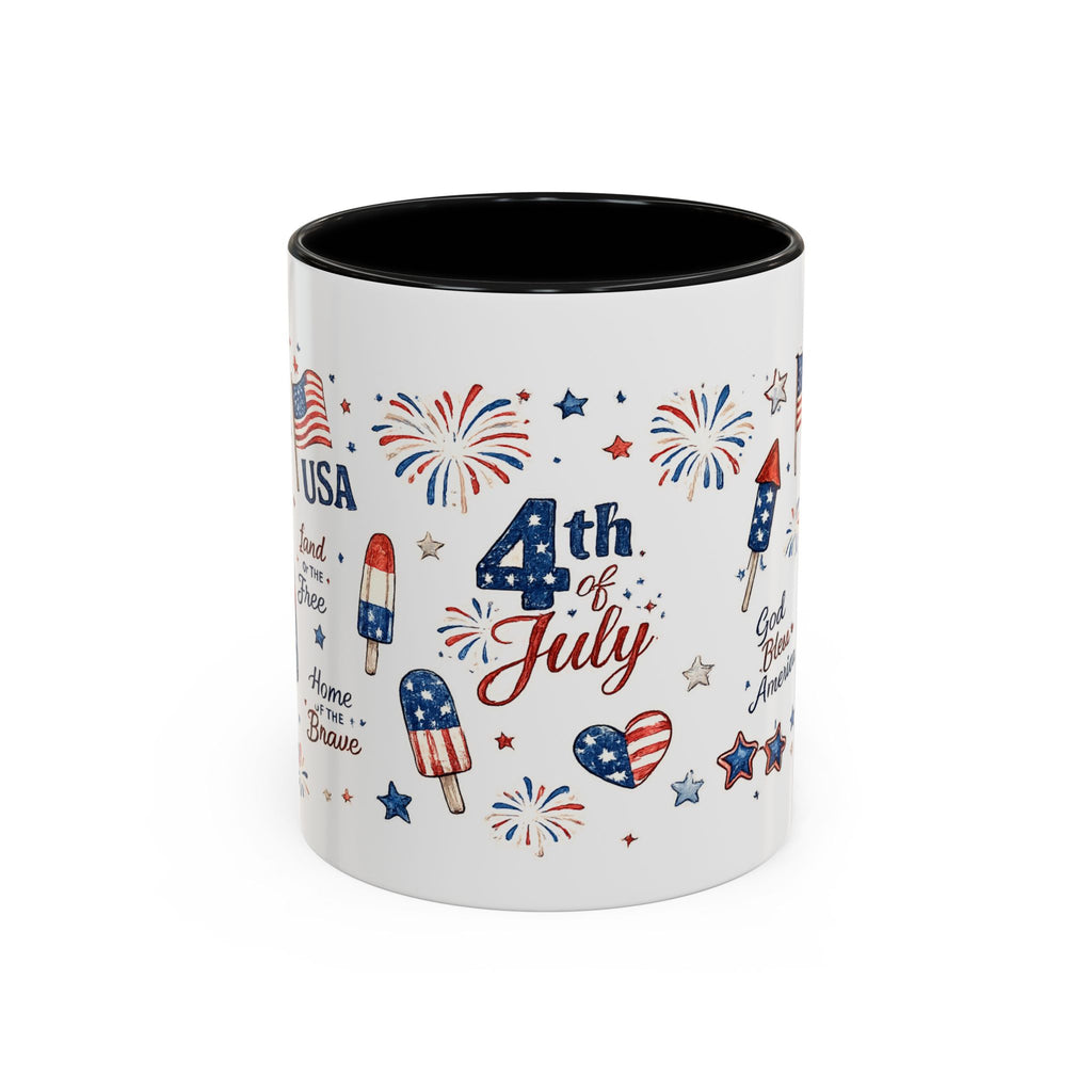 4th of July Accent Coffee Mug — Patriotic Fireworks & God Bless America Design (11oz)