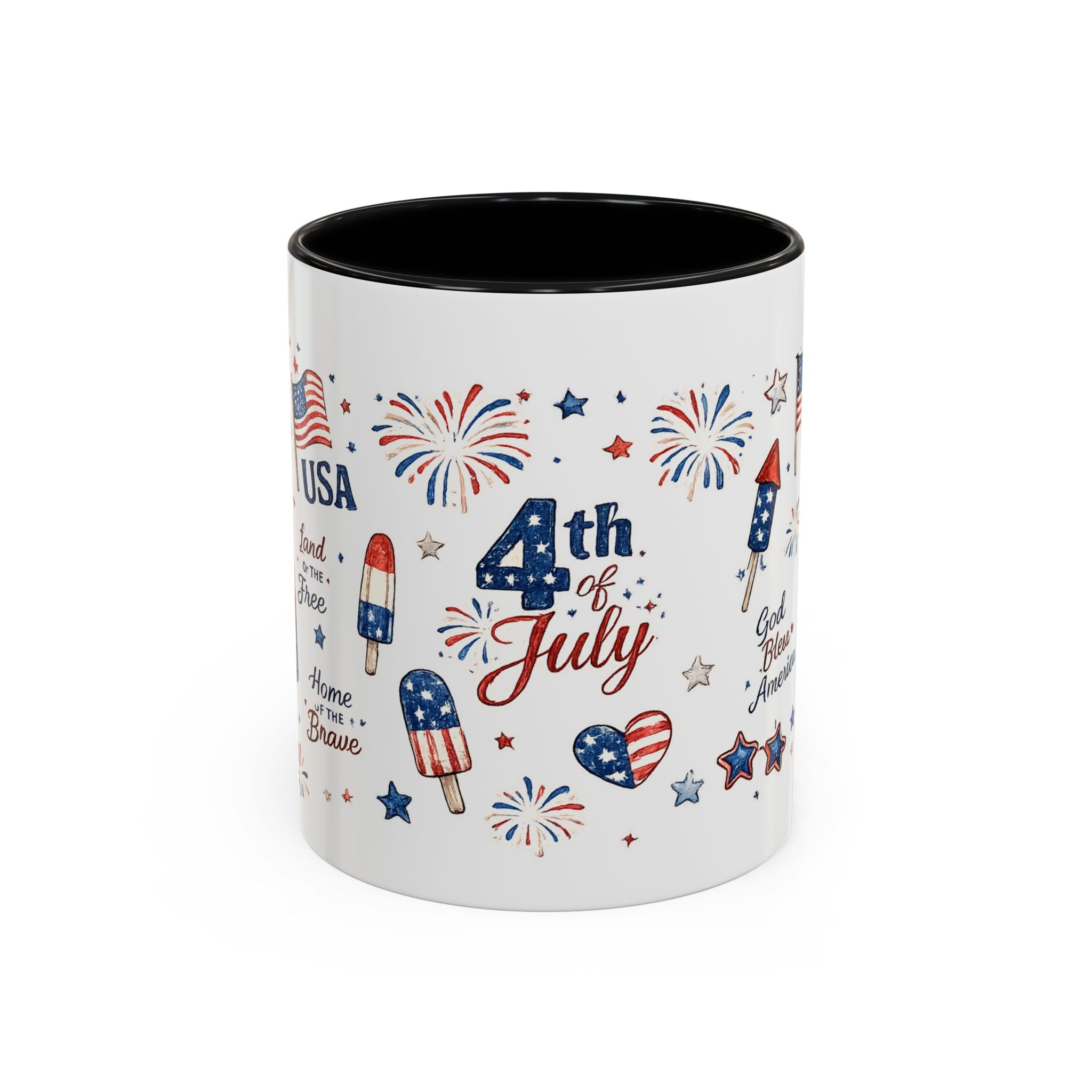 4th of July Accent Coffee Mug — Patriotic Fireworks & God Bless America Design (11oz)
