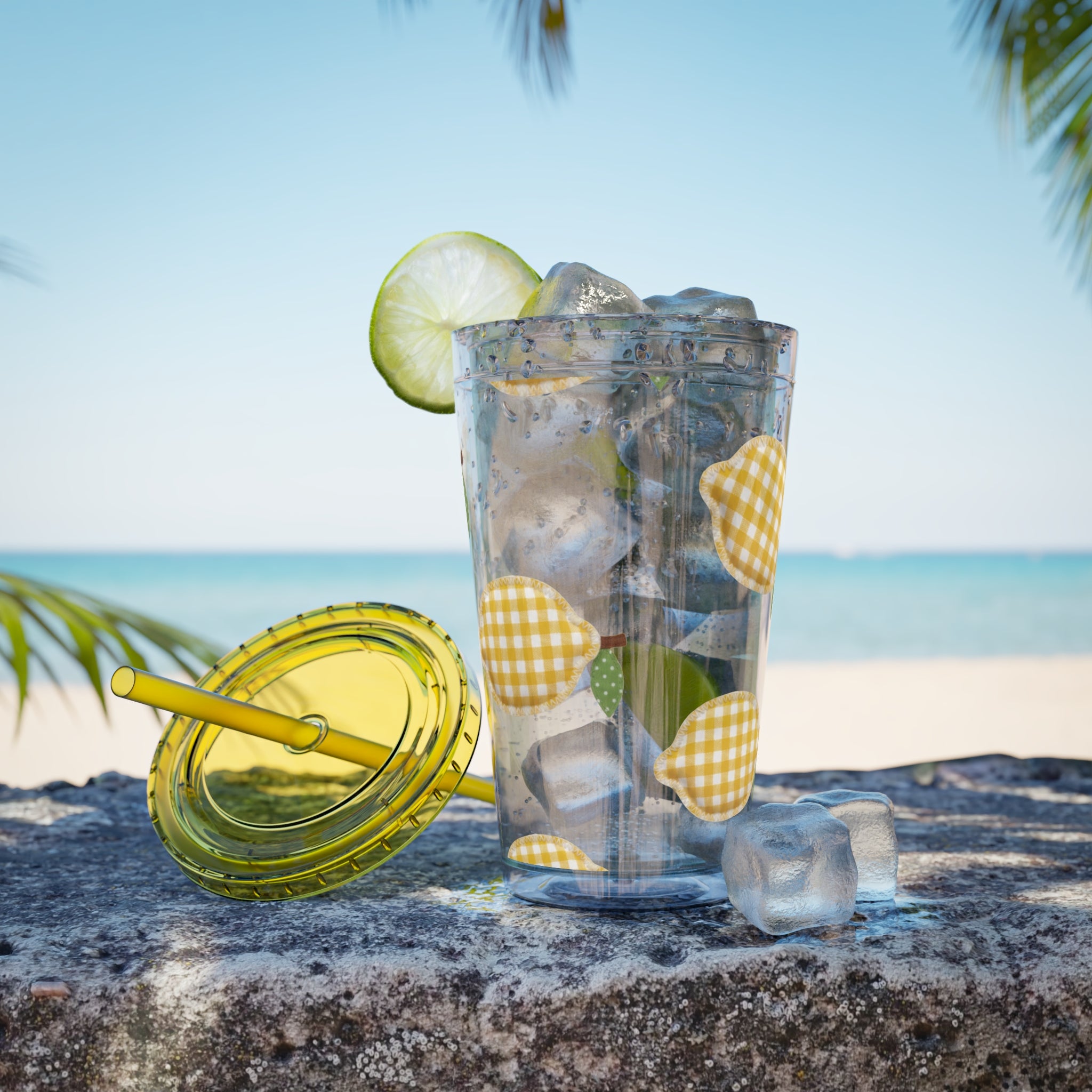 Gingham Pear Sunsplash Tumbler, 16oz Clear Travel Cup with Straw