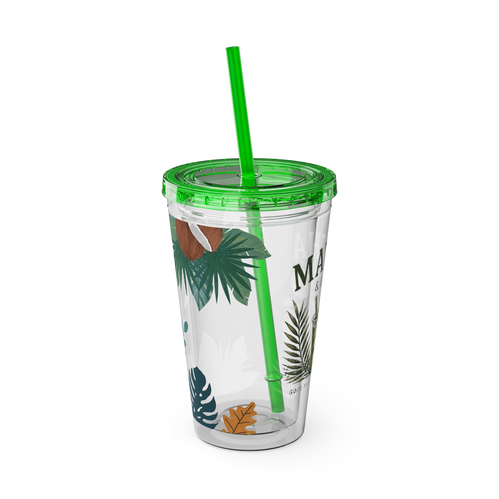 Matcha & Ocean 16oz Tumbler with Straw — Tropical Leaf Sunsplash Design